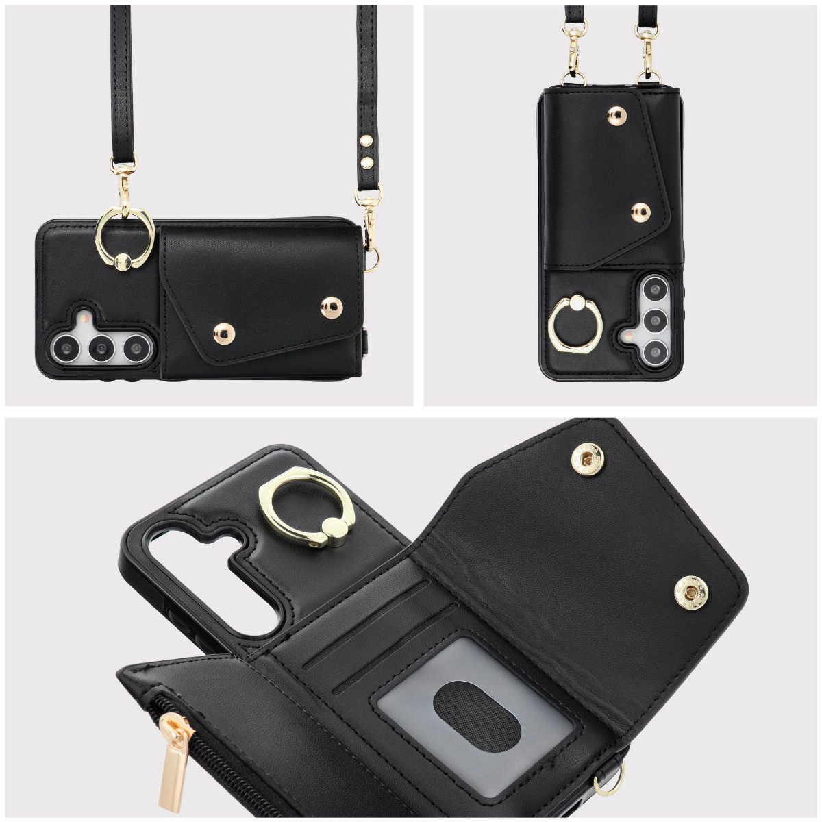 COFI 1453 Bumper Handyhülle mit Schultergurt Wallet-Hülle Kartenfach und Ringhalter