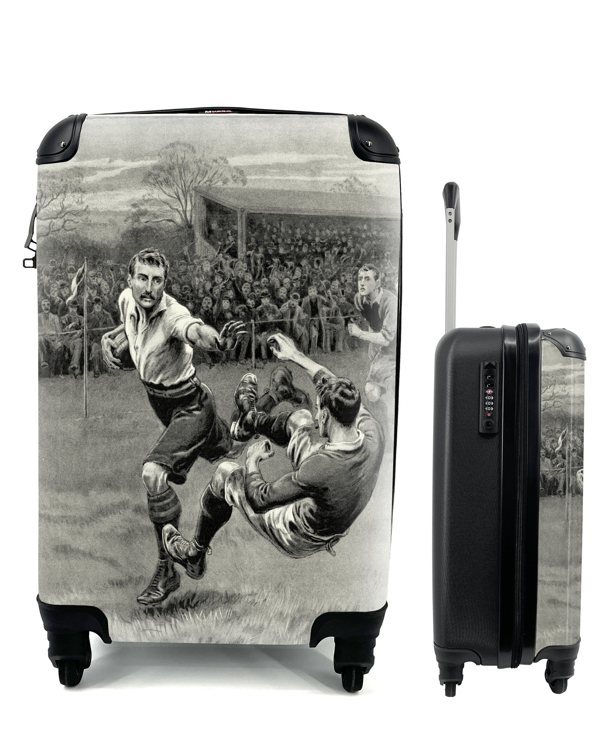 MuchoWow Handgepäckkoffer Eine historische Illustration eines Rugbyspiels, 4 Rollen, Reisetasche mit rollen, Handgepäck für Ferien, Trolley, Reisekoffer