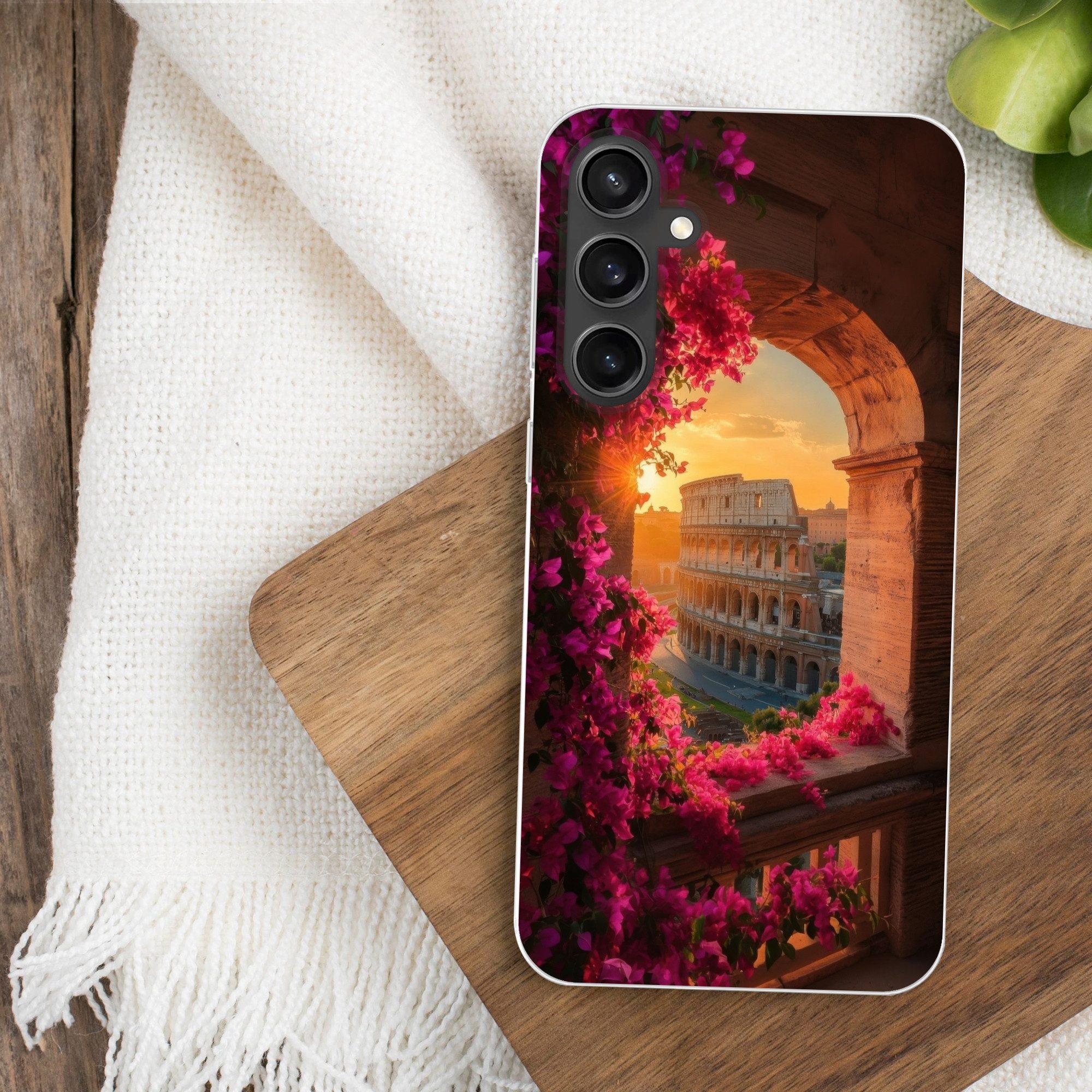 MuchoWow Handyhülle für Samsung Galaxy S23 FE Kolosseum - Rom - Rosa Blumen
