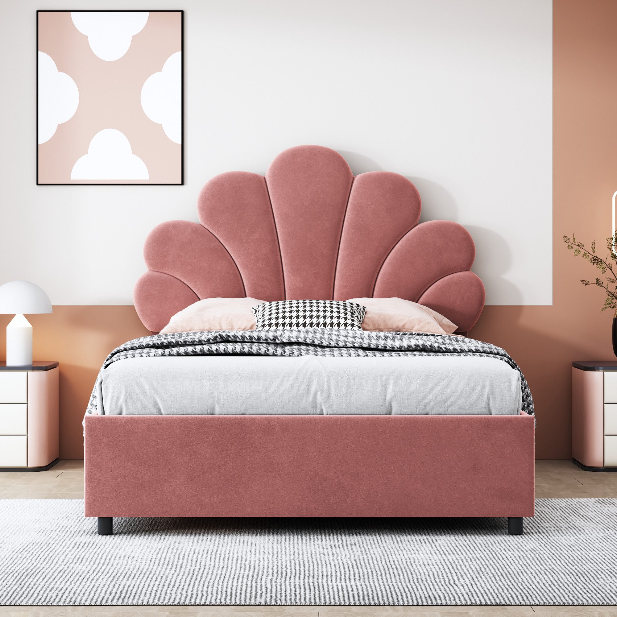REDOM Polsterbett Kinderbett Stauraumbett Funktionsbett Doppelbett (mit Stauraum, höhenverstellbares florales Kopfteil, Samtstoff, für Jugend- und Kinderzimmer, 90X200 cm), Ohne Matratze