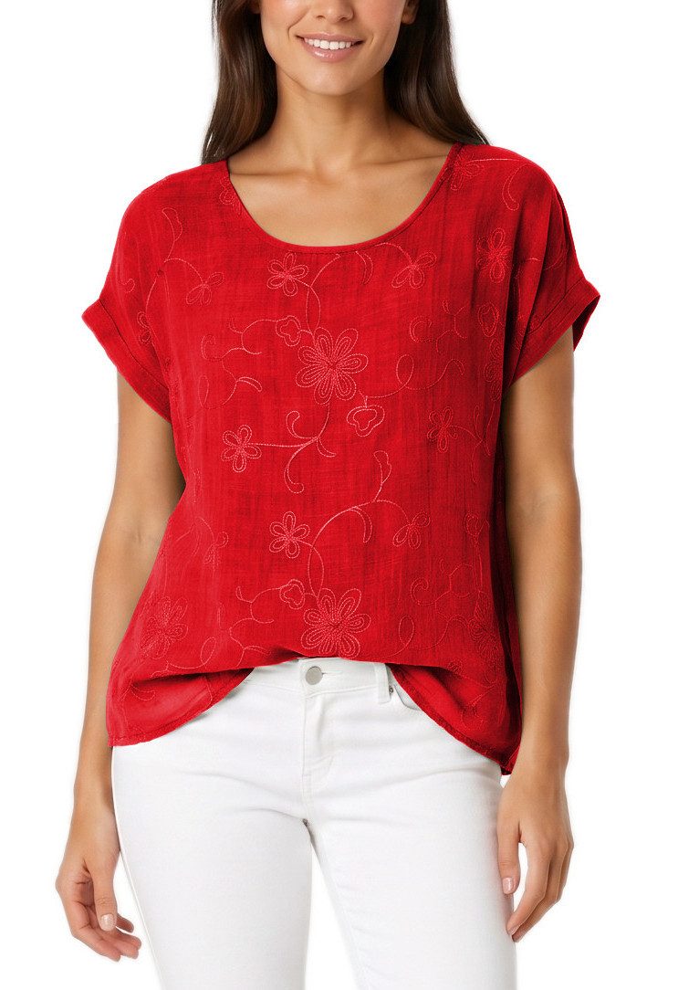 dy_mode Kurzarmbluse Kurzarm Bluse Elegantes Baumwollshirt Damen einfarbig Blusenshirt in Unifarben, Rundhalsausschnitt, mit Blumenstickerei