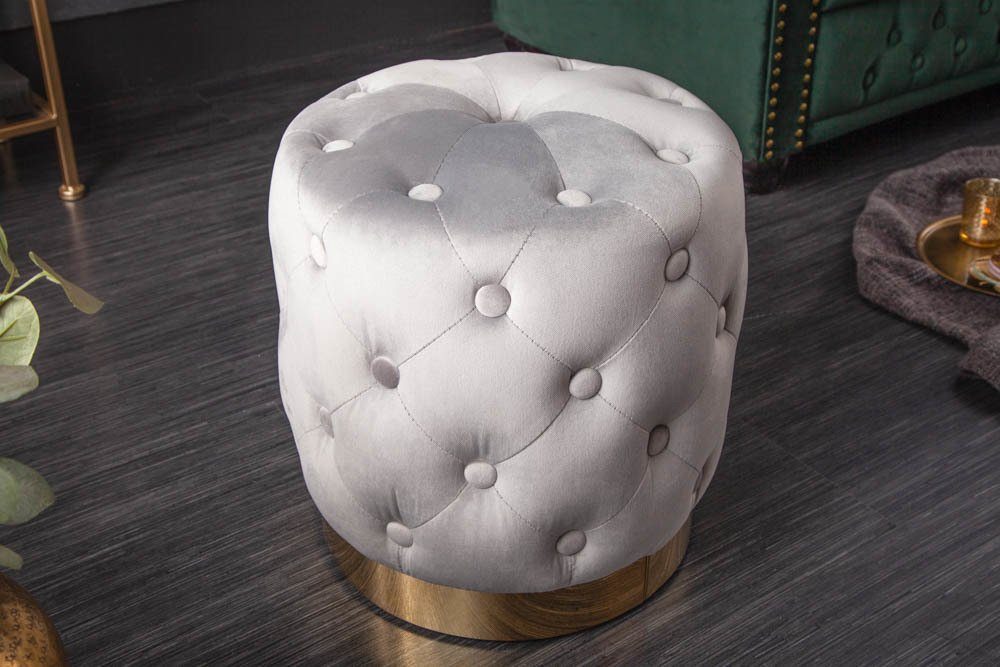 riess-ambiente Sitzhocker MODERN BAROCK 37cm grau / gold, Hocker · Samt · Metall · Chesterfield-Design