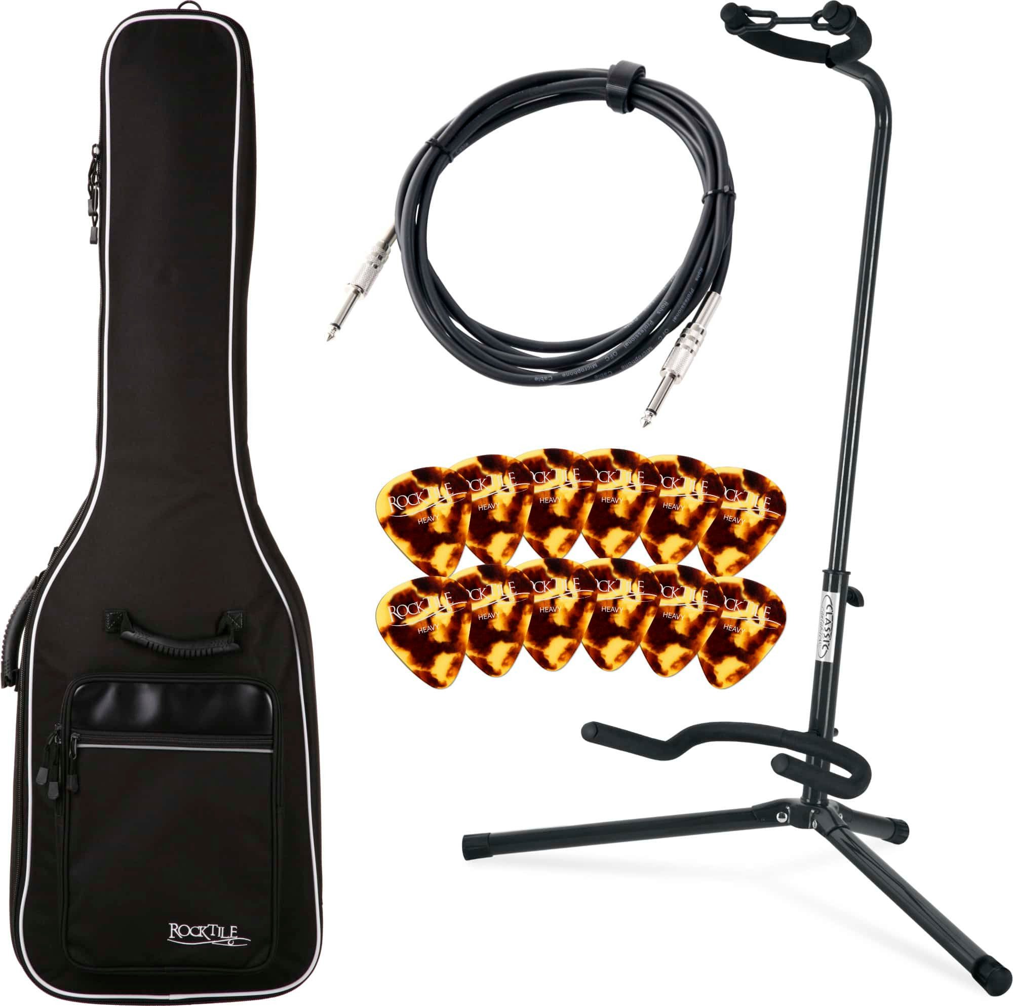 E-Bass Zubehörset mit Gigbag, Gitarrenständer, Instrumentenkabel und Plektren
