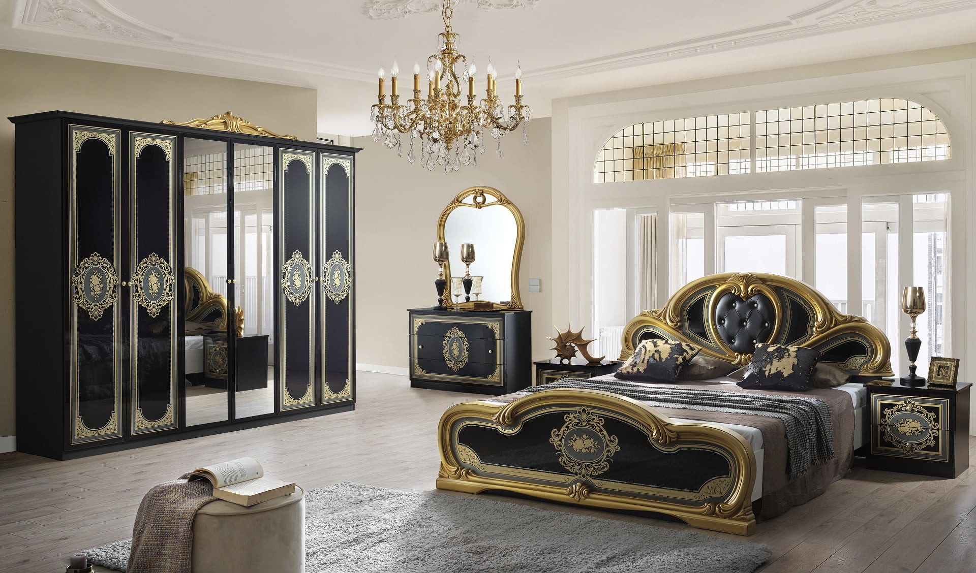 Interdesign24 Schlafzimmer-Set Clara, (6-Teilig, inkl. Spiegeltüren und Polsterung, mit Goldverzierungen im ausgefallenem Barock-Stil), in Hochglanz Schwarz/Gold