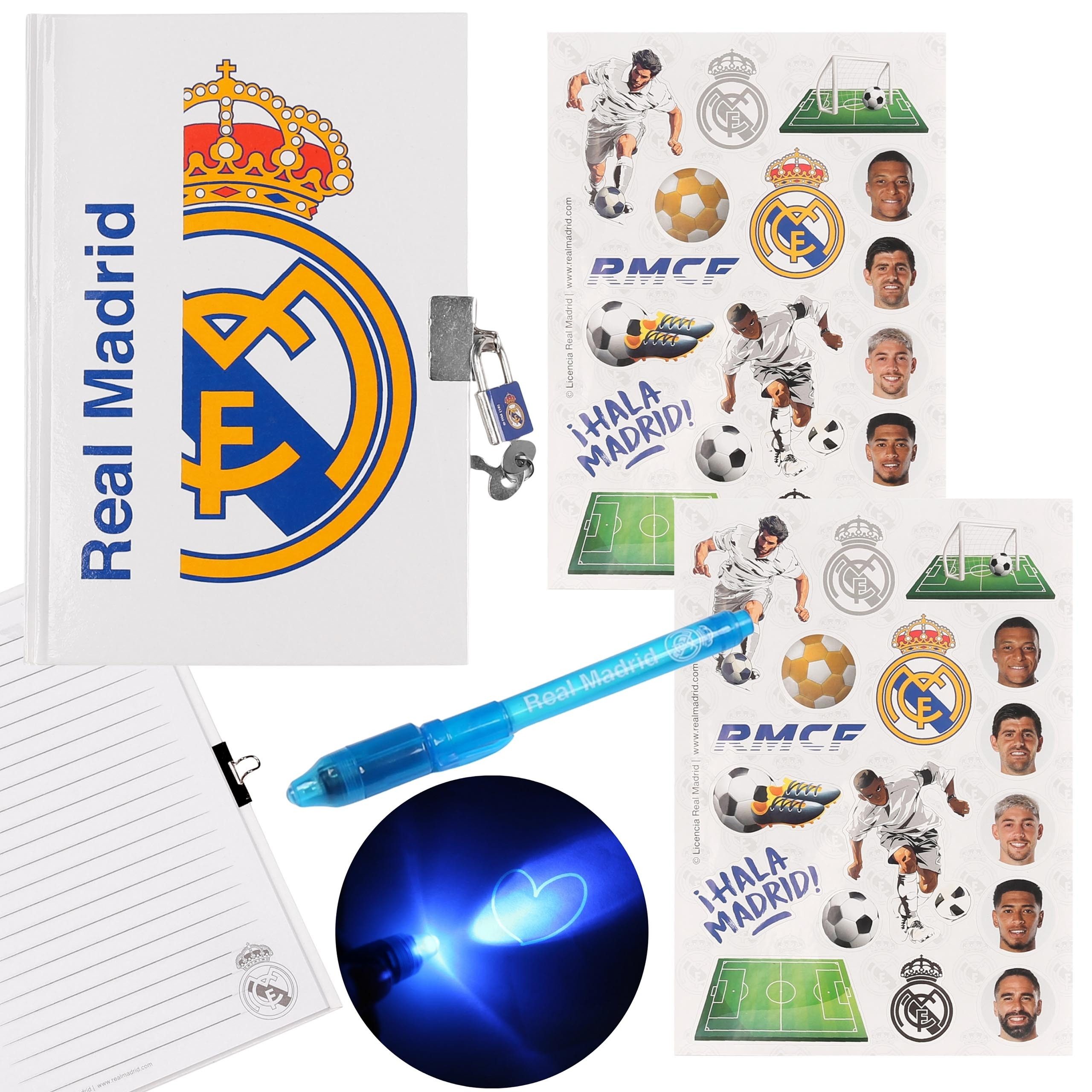 Sarcia.eu Tagebuch Real Madrid Tagebuch mit Schloss & Zauberstift + Aufkleber, für Fans
