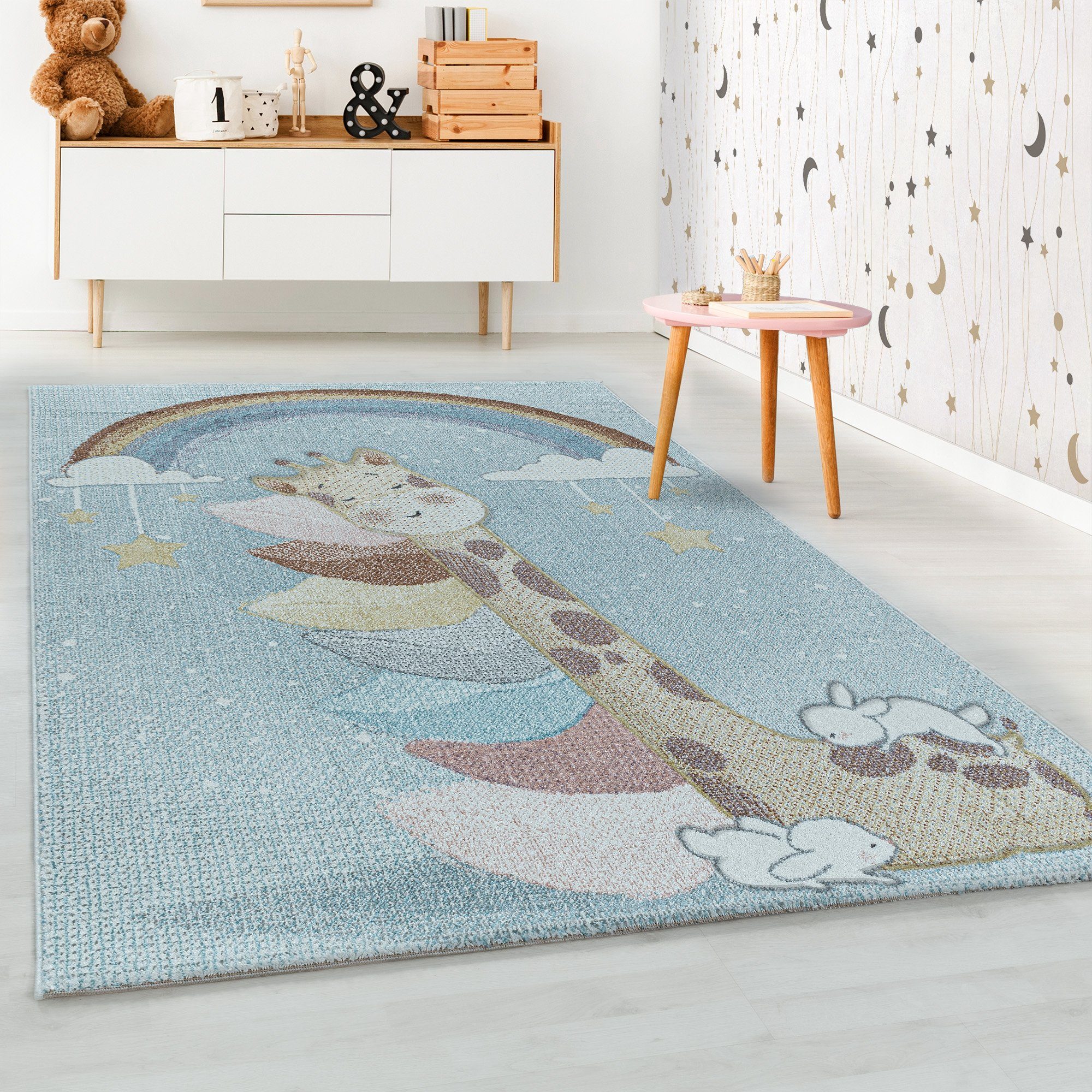 Kinderteppich Giraffen-Design, HomebyHome, Rechteckig, Höhe: 10 mm, Kinderteppich Giraffe-Design Blau Pflegeleicht Teppich Kinderzimmer