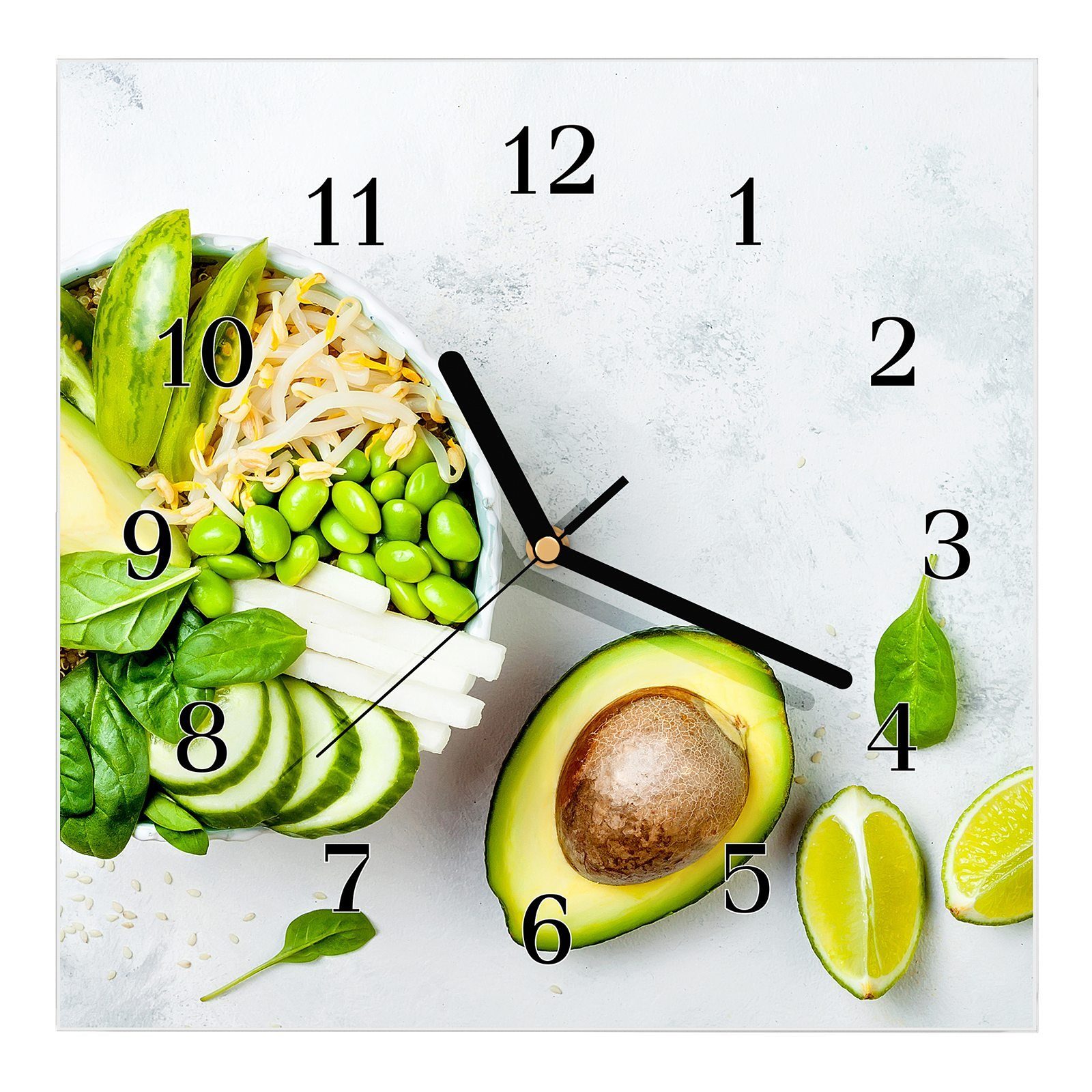 Primedeco Wanduhr Glasuhr Wanduhr Wandkunst Größe 30 x 30 cm mit Motiv Salat mit Avocado