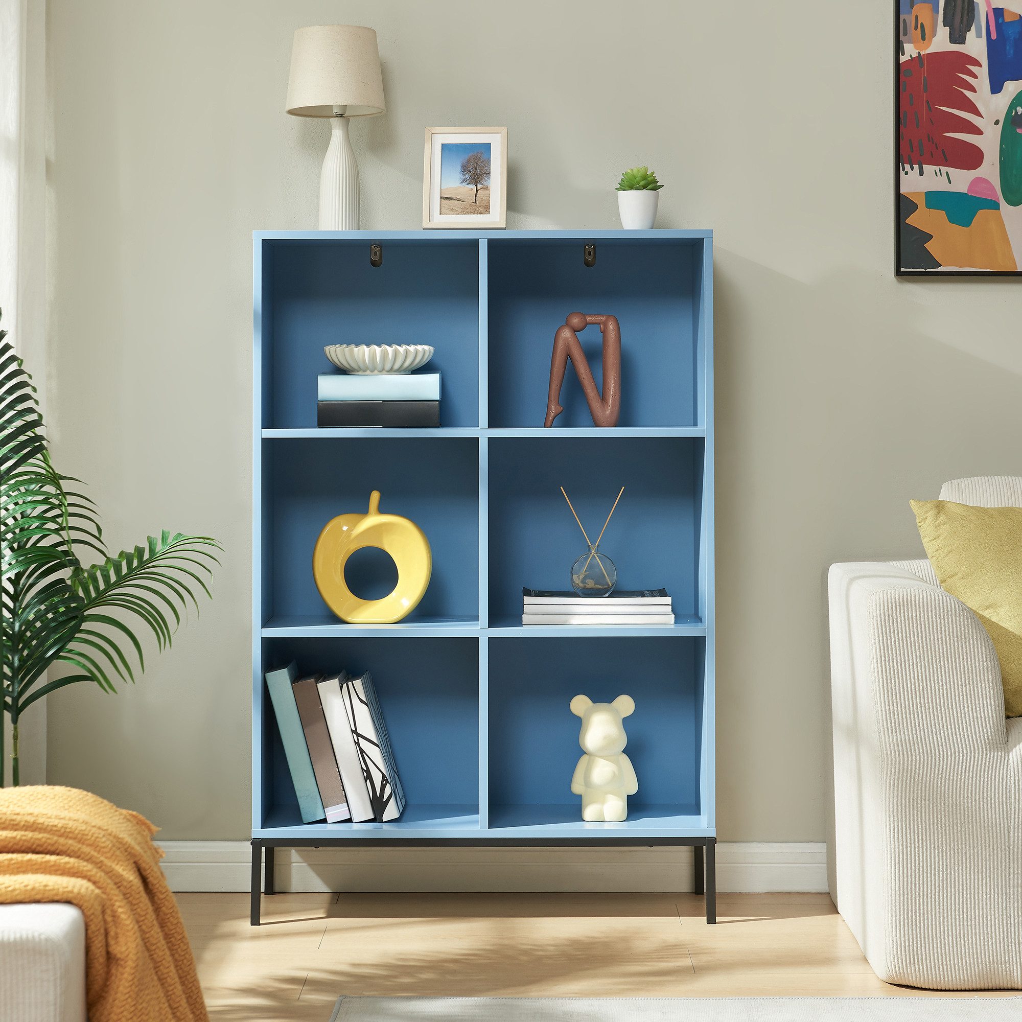 en.casa Bücherregal, »Colwyn« mit 6 offenen Fächern 120 x 80 x 30 cm Blau