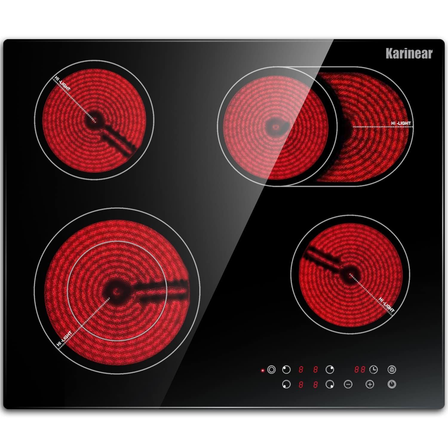 Karinear Elektro-Kochfeld Glaskeramikkochfeld 4 Platten, Kochfeld Keramik Autark mit Doppelter Ausziehbarer Zone, 6600 W