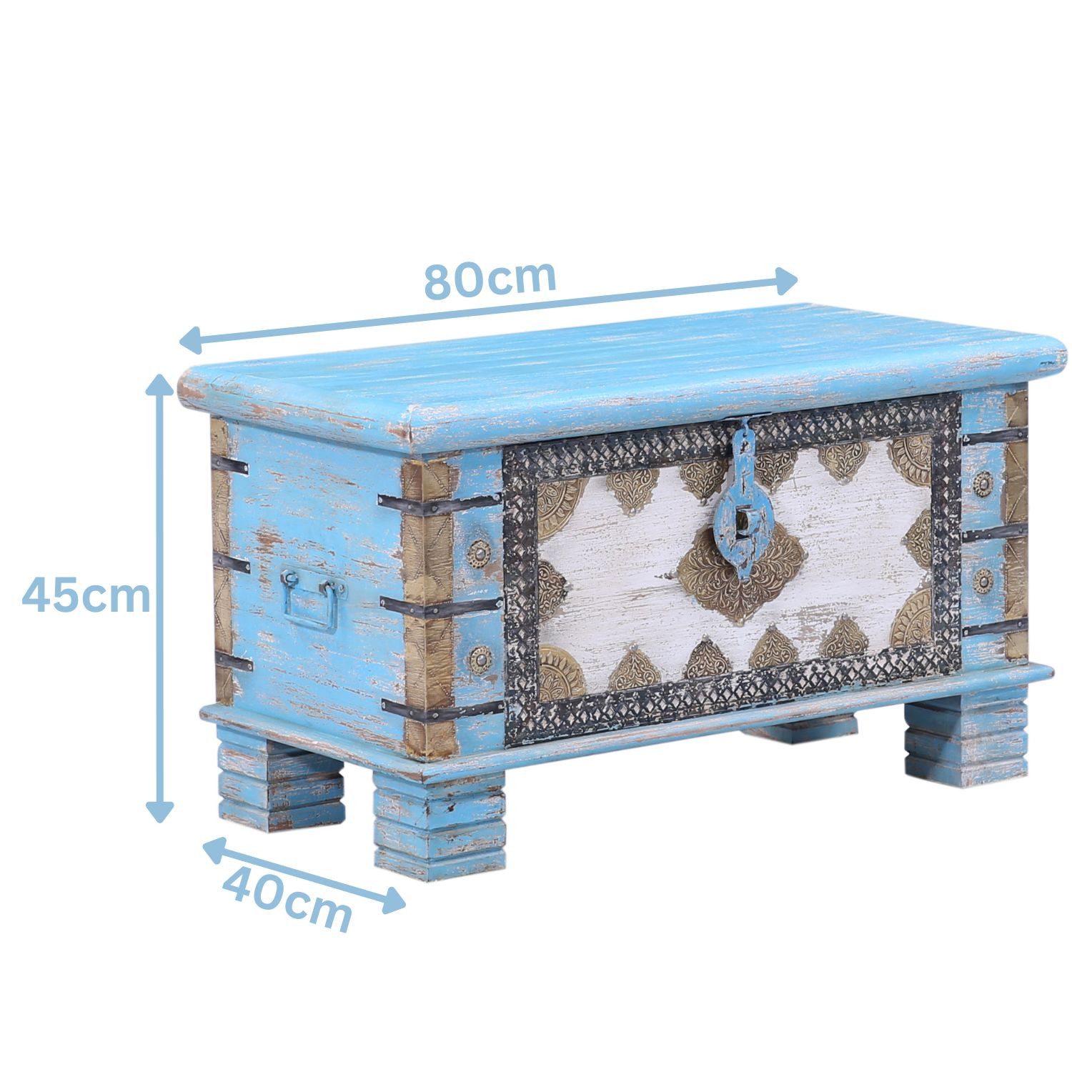 Marrakesch Orient & Mediterran Interior Truhenbank Truhe Ezgi Holz Blau 80cm, Boho Vintage Orient Aufbewahrung (1-St), mit Stauraum