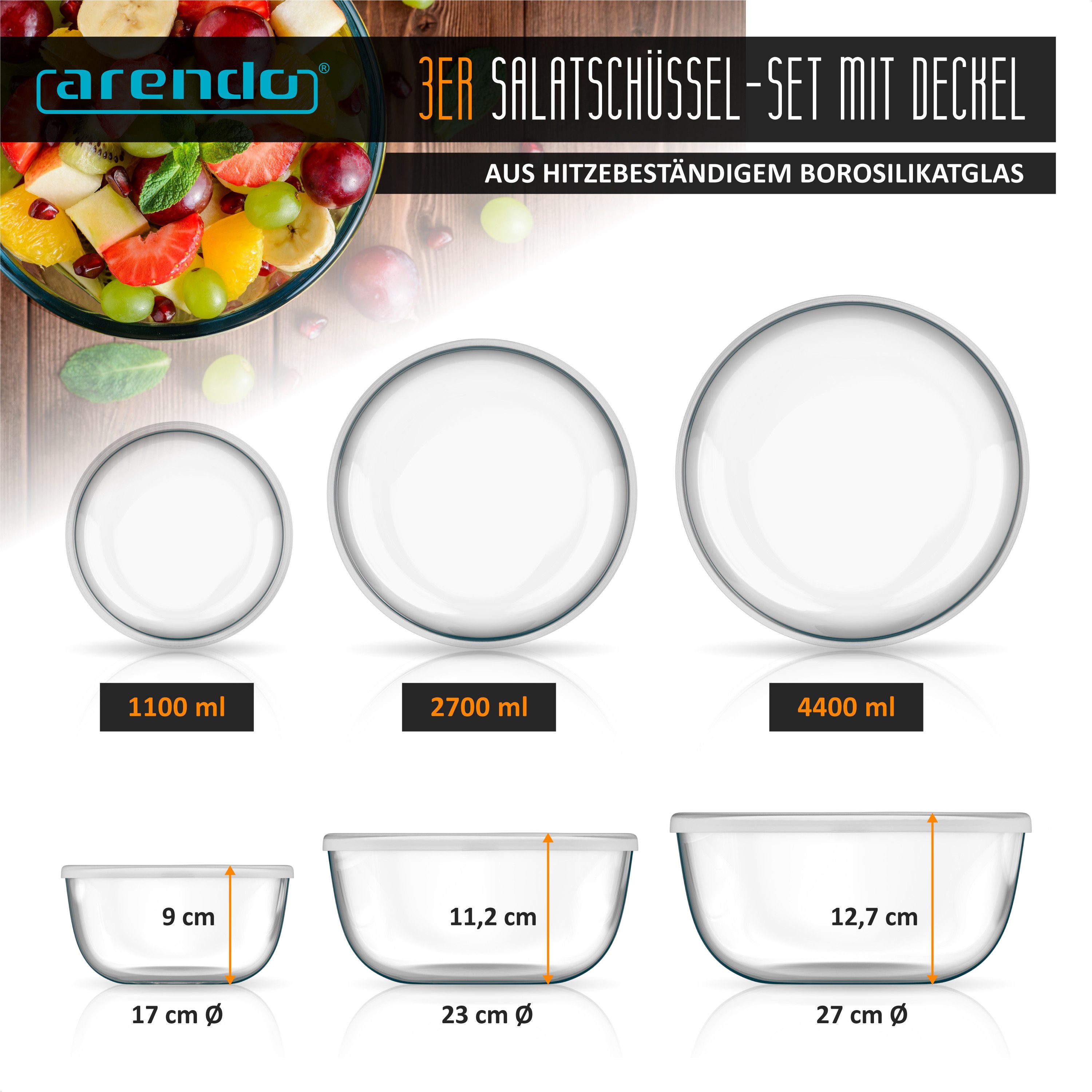 Arendo Salatschüssel 3er Set mit Deckel, Glasschüssel 1,1L / 2,7L / 4,4L, Glas Rührschüssel, Glas, (Set, 3-tlg), Glasschale, BPA-frei, Spülmaschinen und Mikrowellen geeignet
