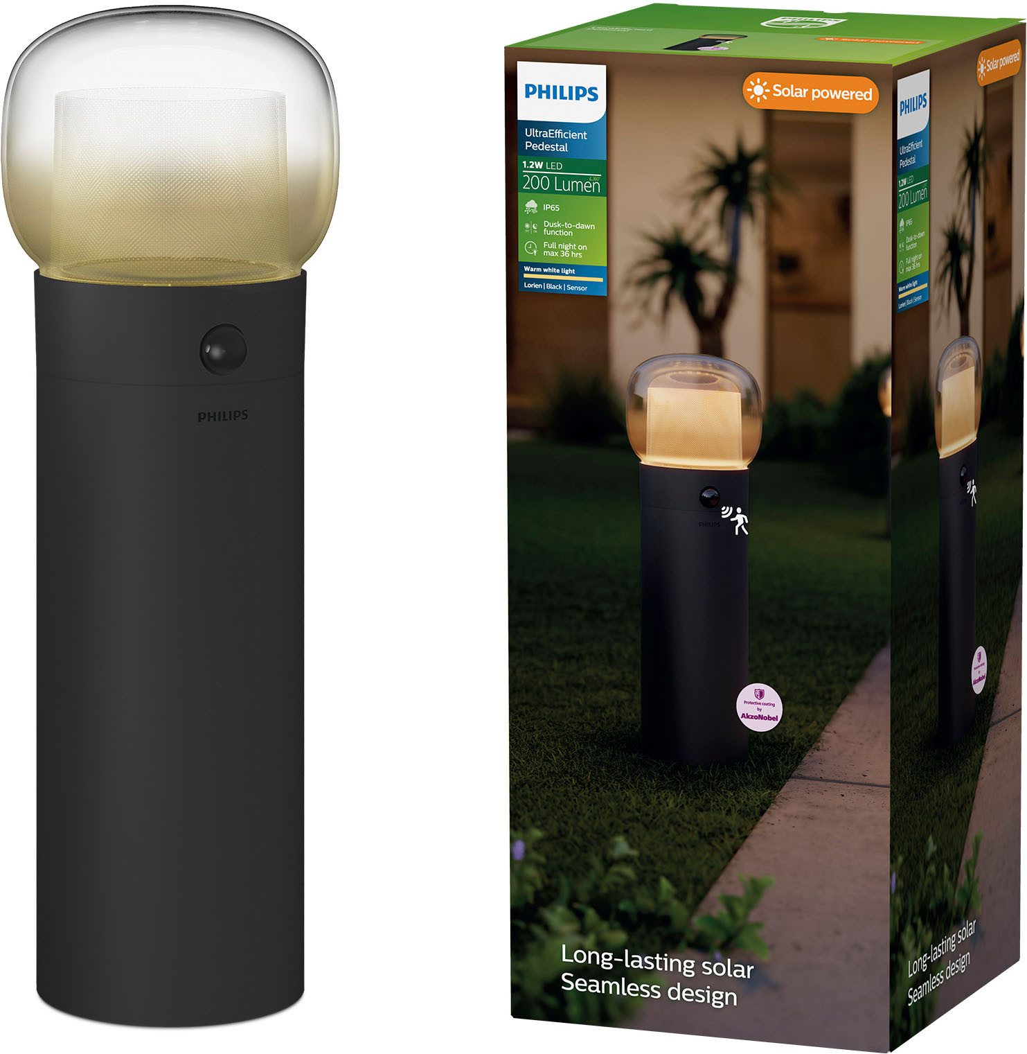 Philips LED Solarleuchte Lorien ultraeffiziente Sockelleuchte, 2700 K, 200 Lumen, schwarz, Abschaltautomatik, Bewegungsmelder, Ein-/Ausschalter, Leuchtdauer einstellbar, mehrere Helligkeitsstufen, LED fest integriert, Warmweiß, Invisible Solarpanel, mit Bewegungsmelder, 2.2 Watt, warmweißes Licht