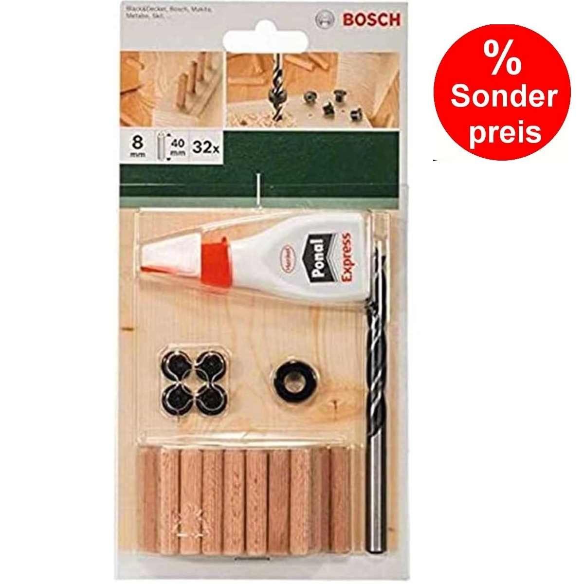 BOSCH Bohrfutter Bosch 32-tlg. Holzdübel Set 8 x 40 mm, Bohrer Tiefenstop 4 Dübelsetzer