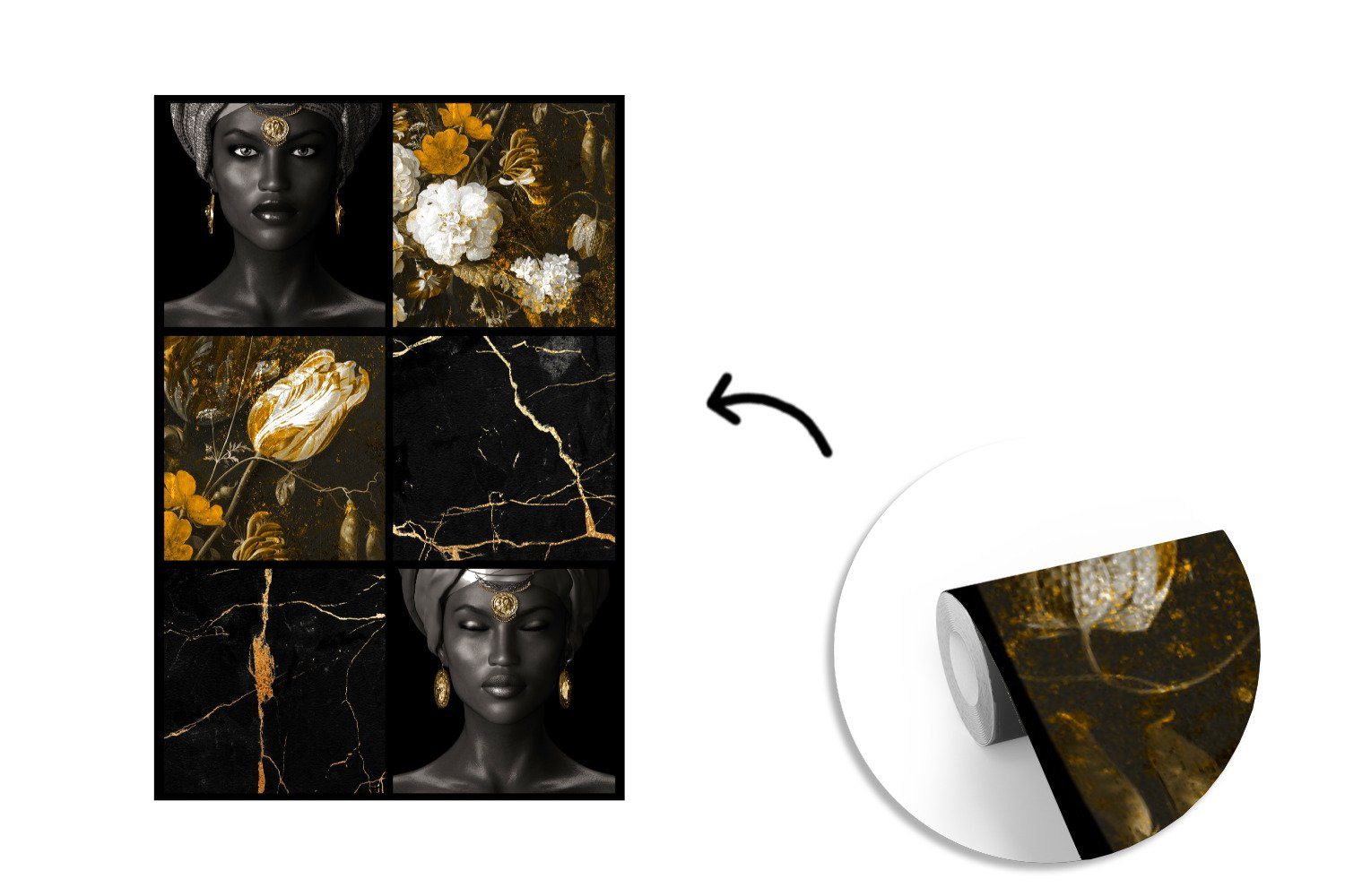 - (3 für - Frauen - Marmor Vinyl Tapete Wandtapete Wohnzimmer, St), Montagefertig Matt, Gold, MuchoWow Blumen Fototapete bedruckt,