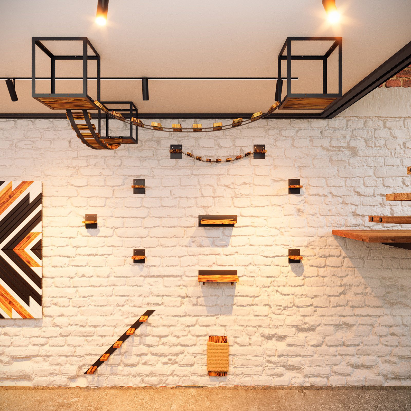 QLS Katzen-Kletterwand LOFT Wand- & Deckenmontage, Set Aus Metall pulverbeschichtet und Holz Geflammt 15 Teilig