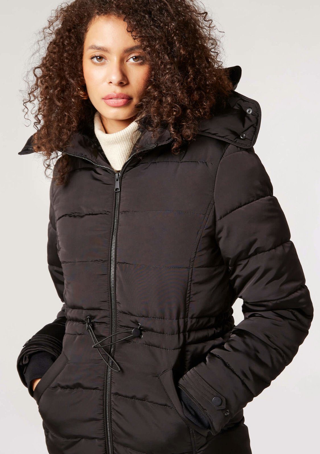 Apricot (1-St., Fur Kapuze Hood Kapuze) mit abnehmbarer mit schwarz Puffer Lined Winterjacke Rem abnehmbarer Jacket