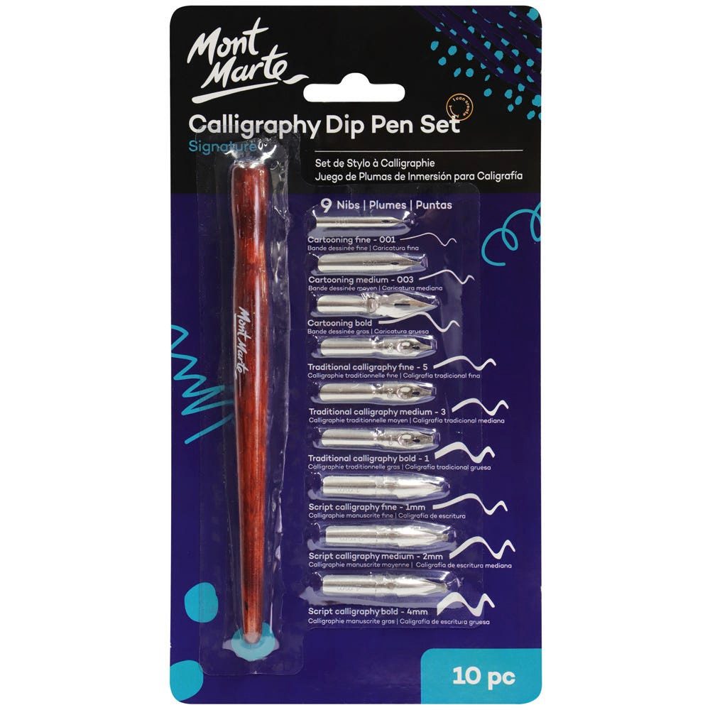 Mont Marte Malstift - SIGNATURE Kalligrafie Set - Federhalter aus Holz mit 9 Feder Spitzen, (10-tlg), Dip Pen Set - Einstieg in Kalligraphie, Handlettering & Karten Design