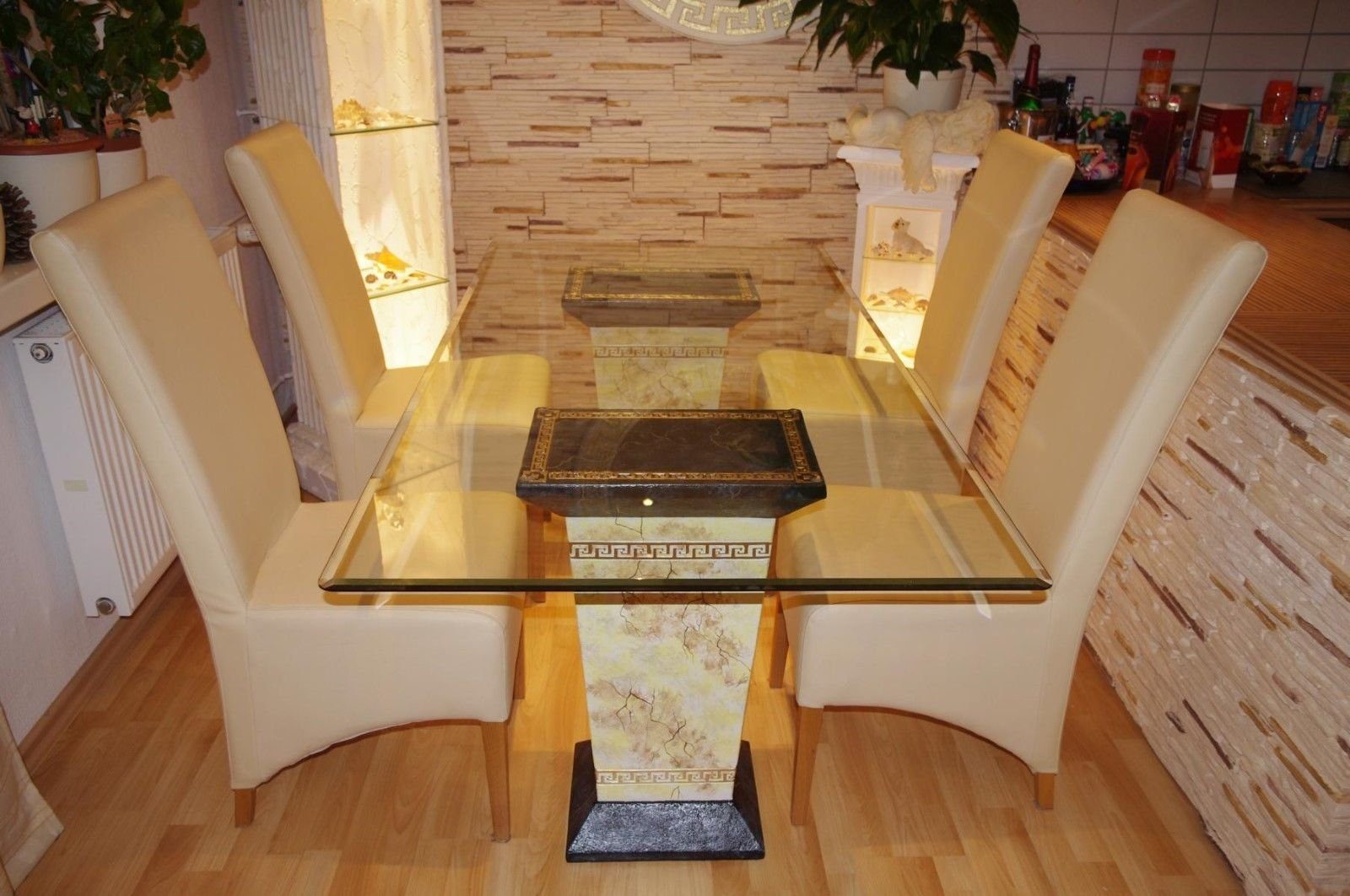 Antikes Wohndesign Säulen-Esstisch Tafeltisch Büro Marmortisch Glastisch 160cm Küchentisch Esstisch