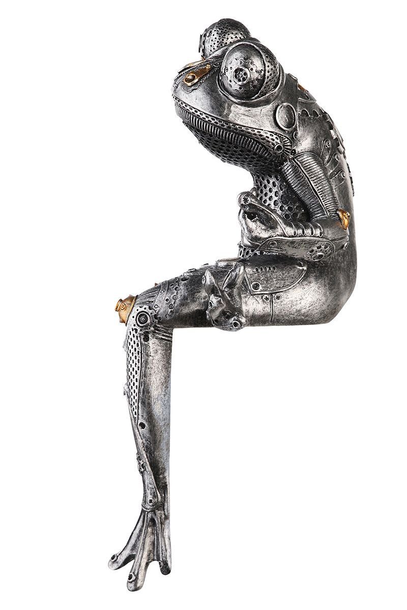 Polyresin Steampunk Kunstobjekt Silber aus Brillibrum Kunst Statue Dekofigur Deko Zahnrad Design Dekofigur Industrial Wohnzimmerdeko ausgefallenes Skulptur Style Frosch