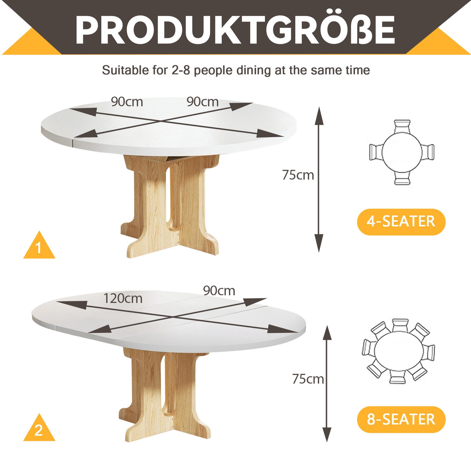 PEALOV Esstisch oval‑rund mit interner Erweiterungsplatte 90‑120 cm (1-St), Ausziehbarer Küchentisch für 4‑6 Personen – Bild 2 von 5