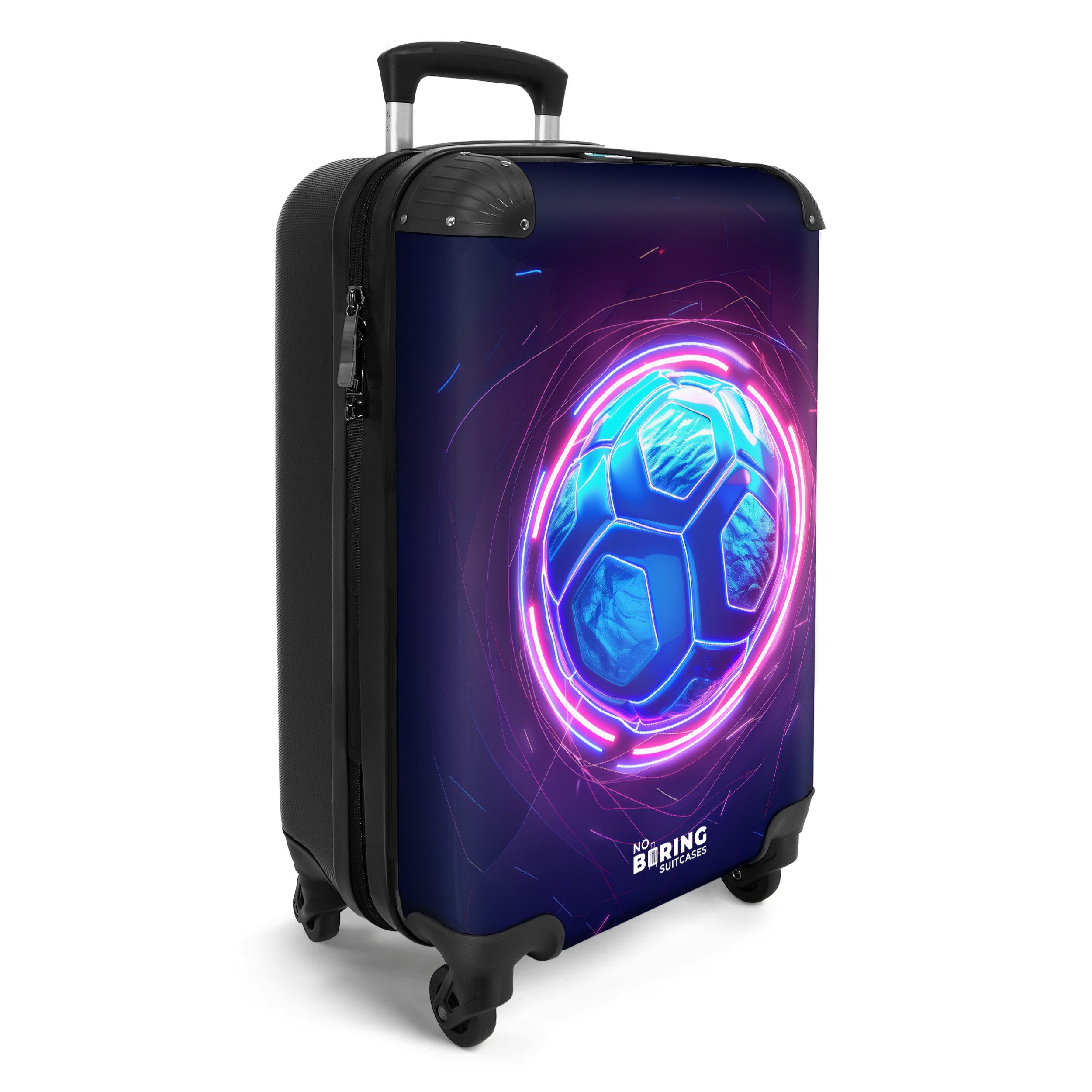 NoBoringSuitcases.com© Kinderkoffer Fußball in blauer Neonfarbe 55x35x20cm, 4 Rollen, Kinder Koffer Klein, Trolley Handgepäck, Reisekoffer