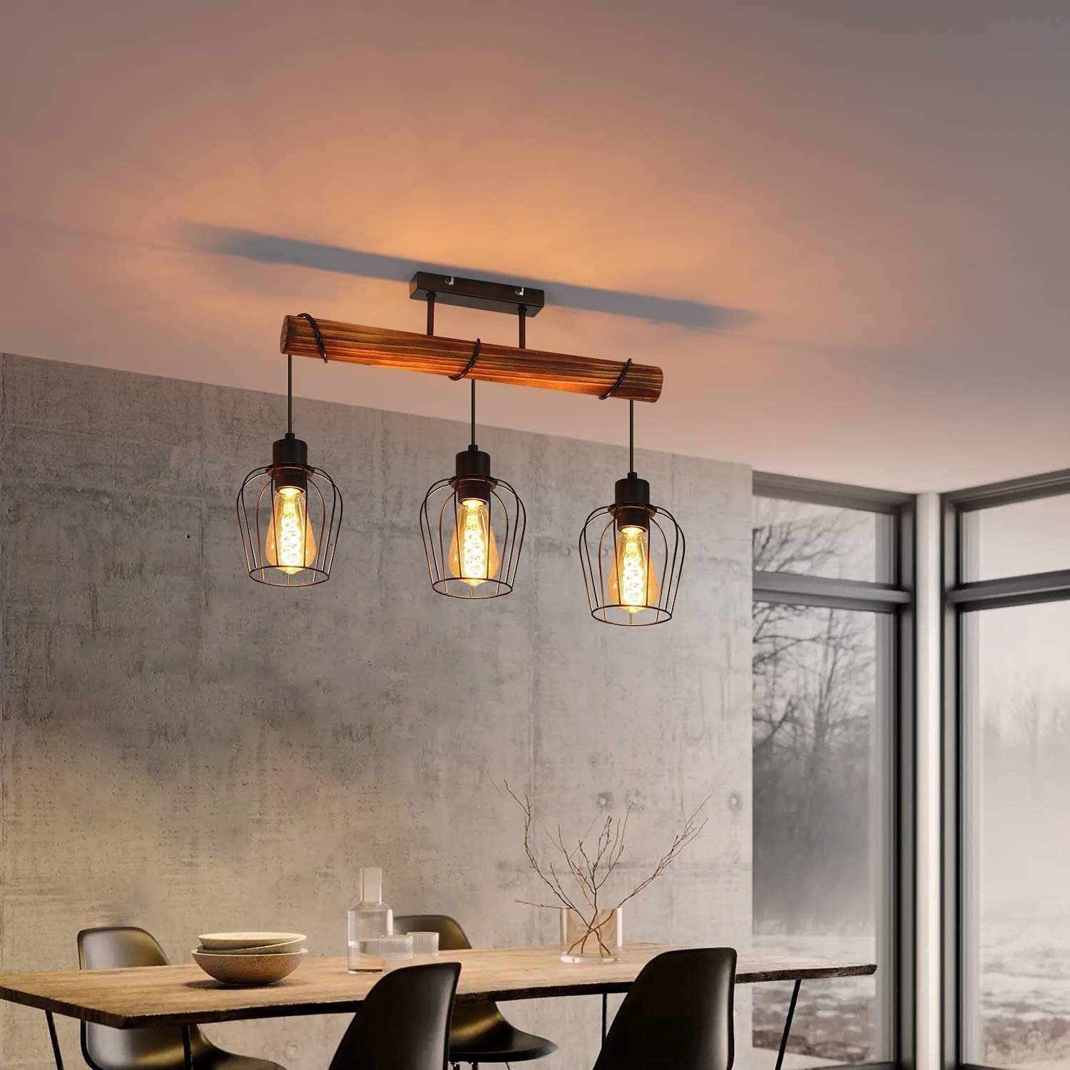 ZMH Deckenleuchte E27 Deckenlampe 2/3/4 Flammig Schwarz-Holz Wohnzimmer Esszimmer, ohne Leuchtmittel, Wohnzimmerlampe mit höhenverstellbaren Strahlern aus Metal – Bild 4 von 5