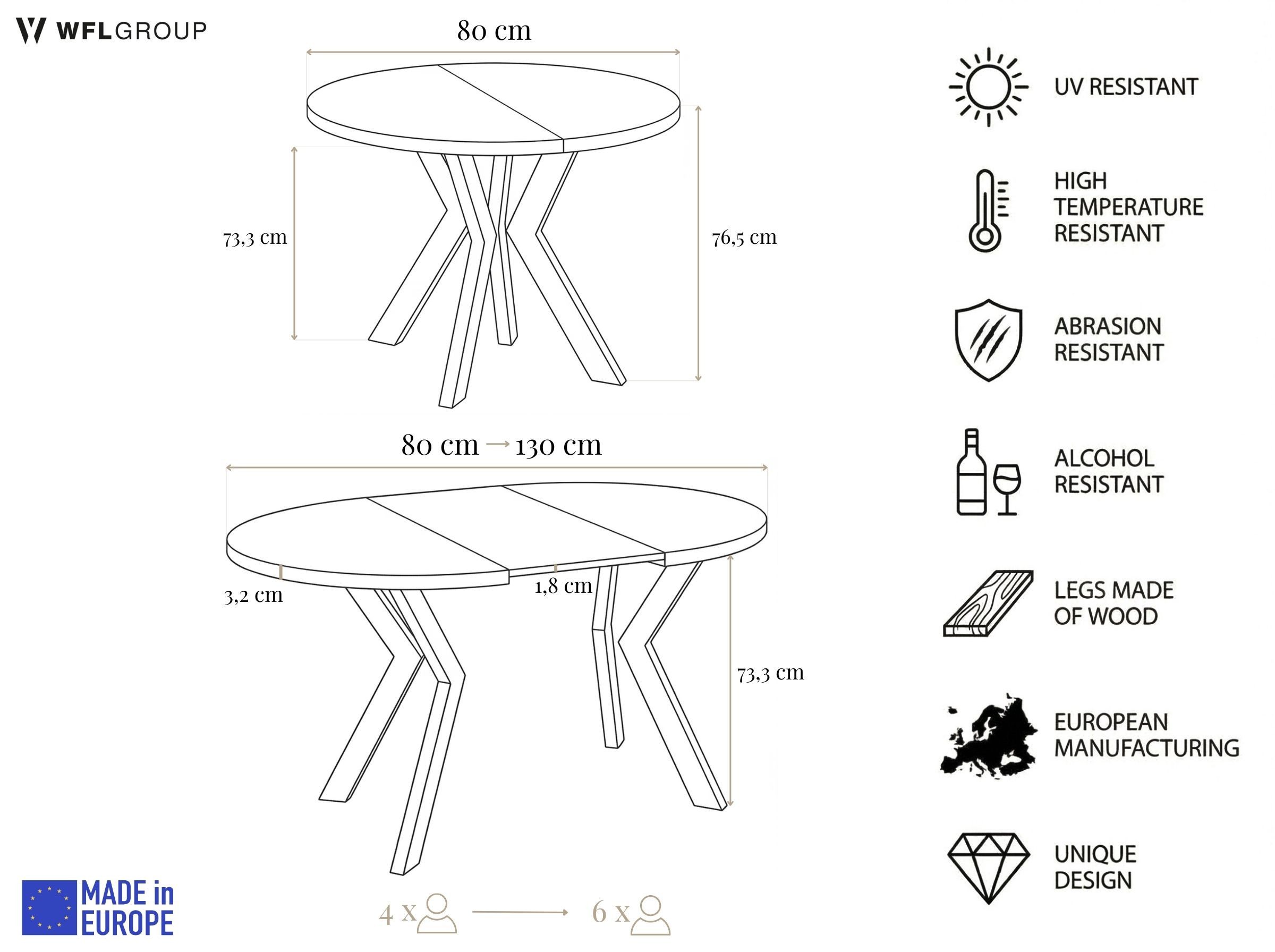 WFL GROUP Esstisch Savio ausziehbar verlängerbar rund modern mit Weißen Holzbeinen (MADE IN EU, XXL Groß – 80/90/100 cm ausziehbar auf 130/190/200/300 cm), platzsparender Tisch für kleine Küche, Esszimmer oder Wohnzimmer