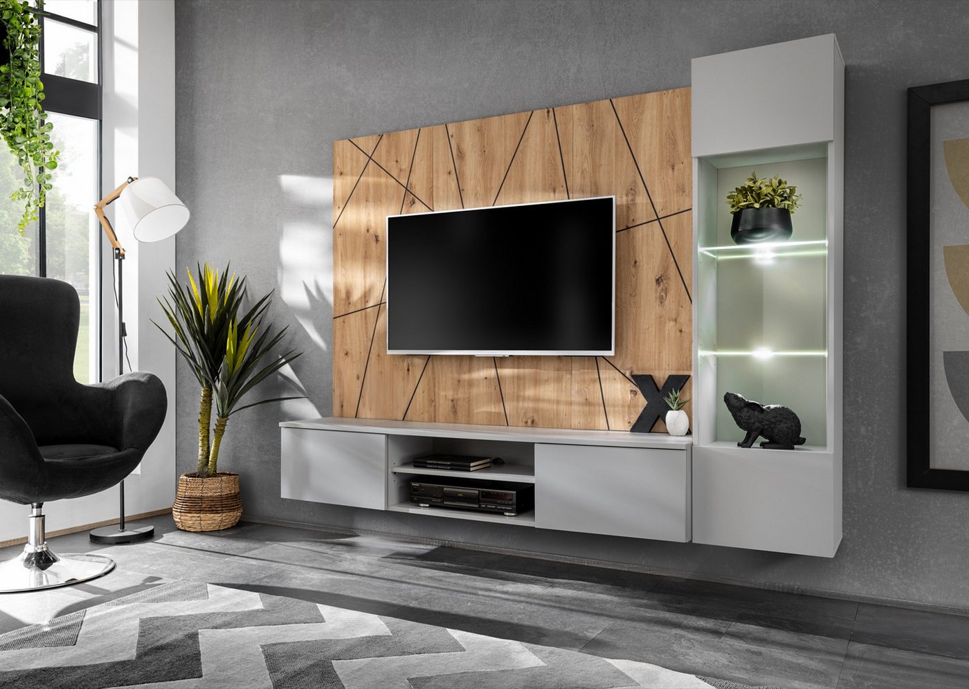 ASM-Moebel Wohnwand Wohnwand Anbauwand XARI mit Led und Push - Click, Mit Led Beleuchtung und Push-Click System