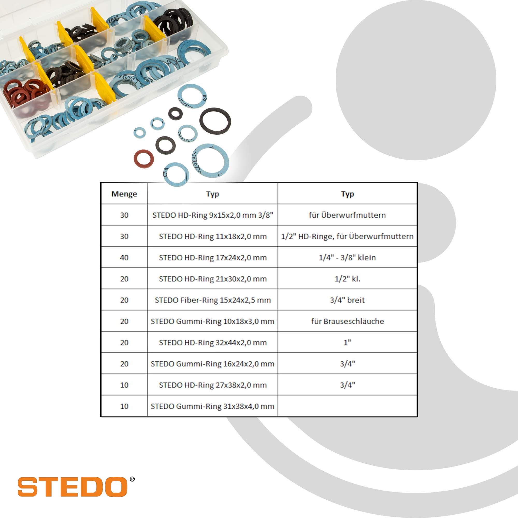 Stedo Dichtungsring Dichtungssortiment für Verschraubungen mit 10 Abmessungen 220 Stück