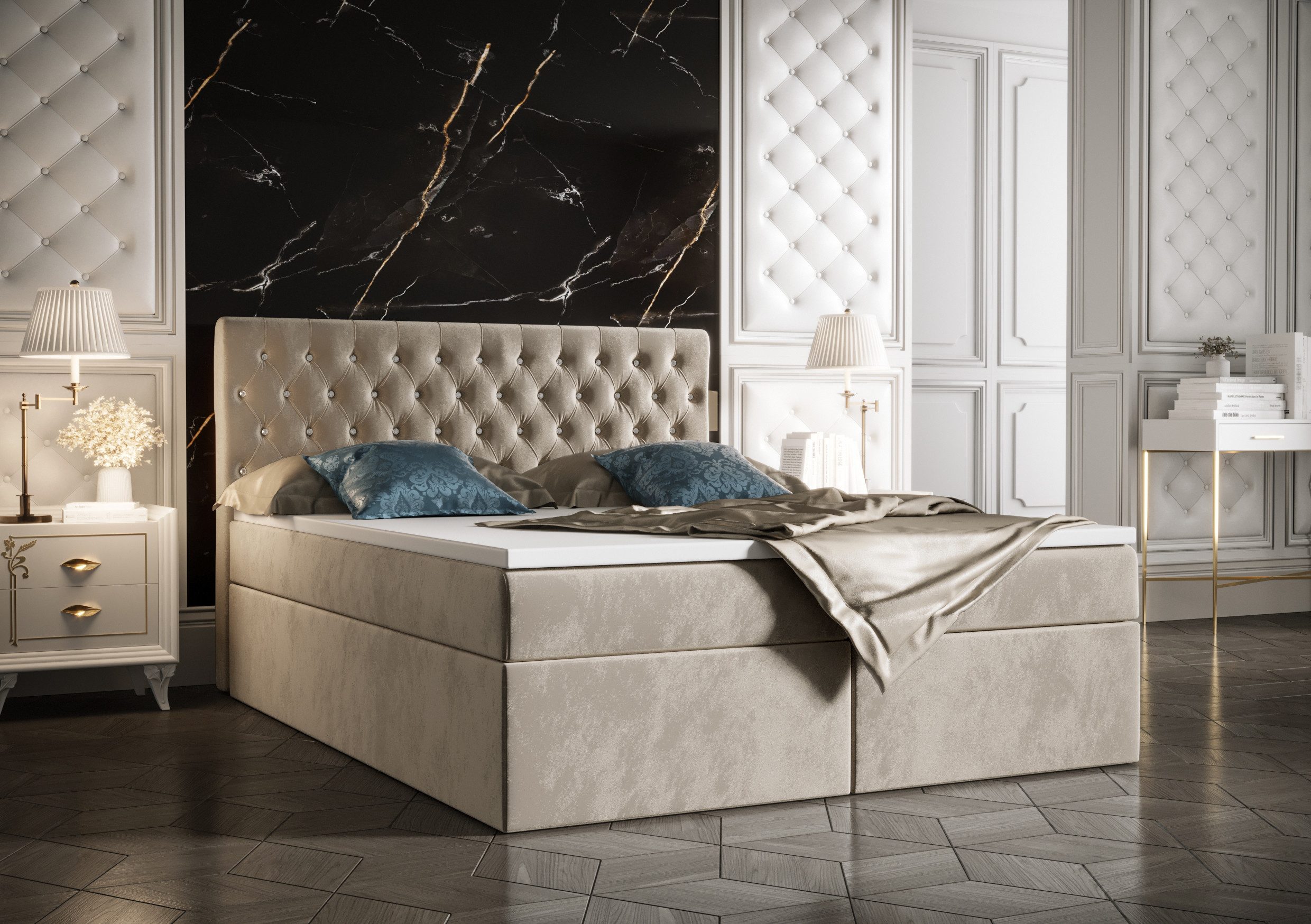 B&B Home Boxspringbett Boxbett Monett 160 cm 180 cm (H3 Matratze Bonellfederung, Kopfteil, Bettkasten und Topper)