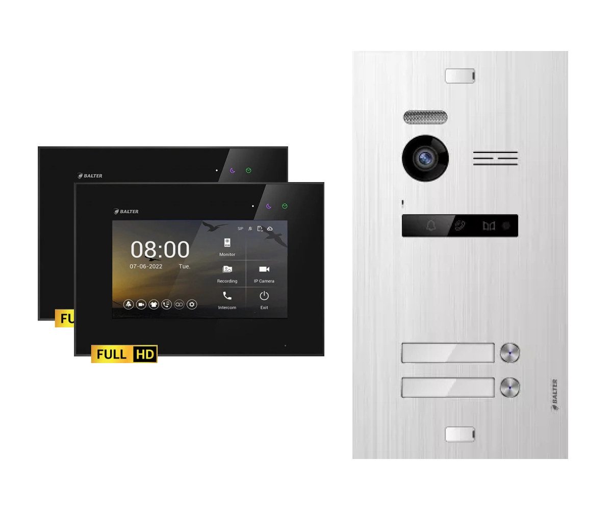 Balter Video-Türsprechanlage EVO-HD Komplettset 2-Familie Silber 2x 7" Monitor Schwarz (Set, 2-Familienhaus, Komplettset, FullHD Kamera)