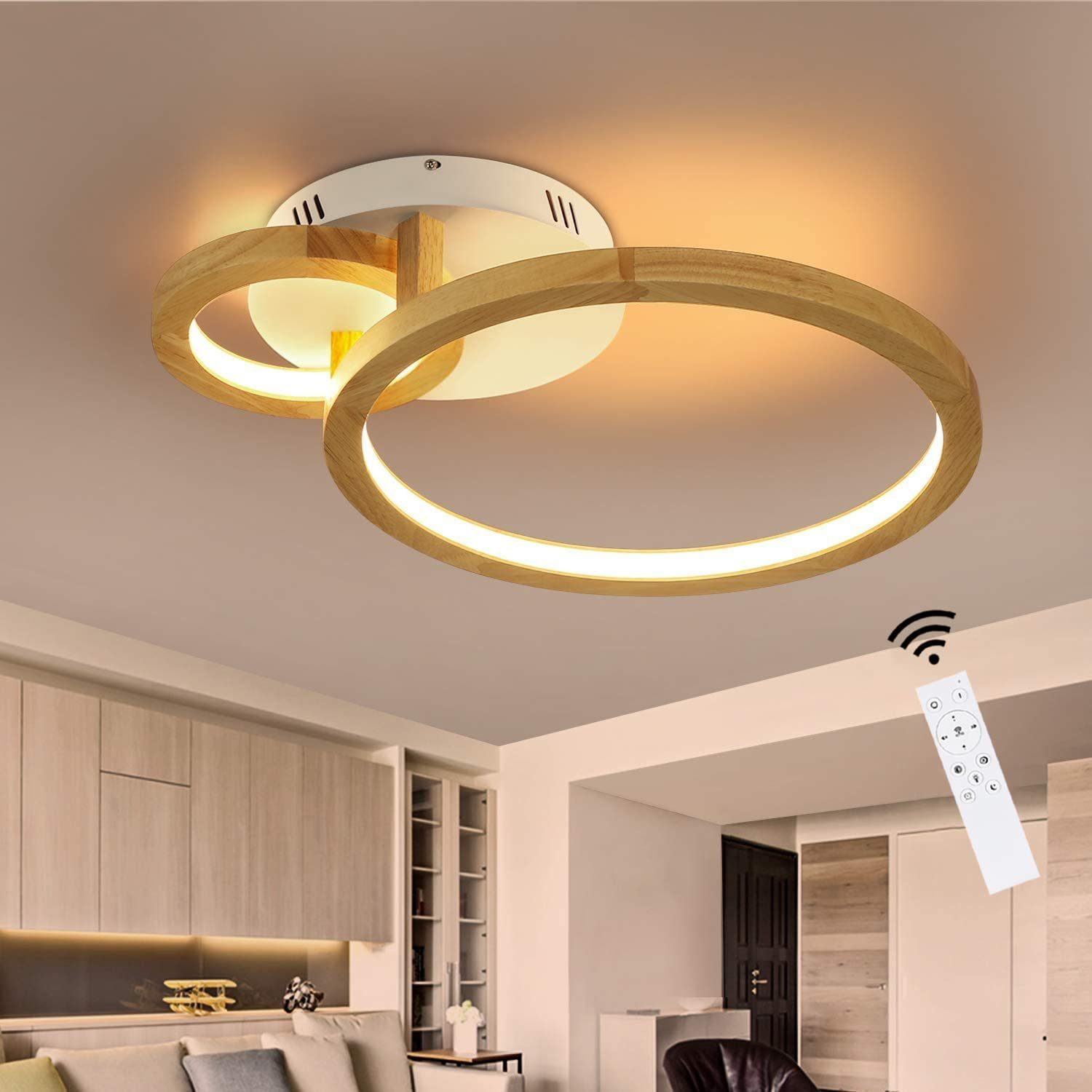 Nettlife LED Deckenleuchte Holz Dimmbare 52cm Fernbedienung, LED fest integriert