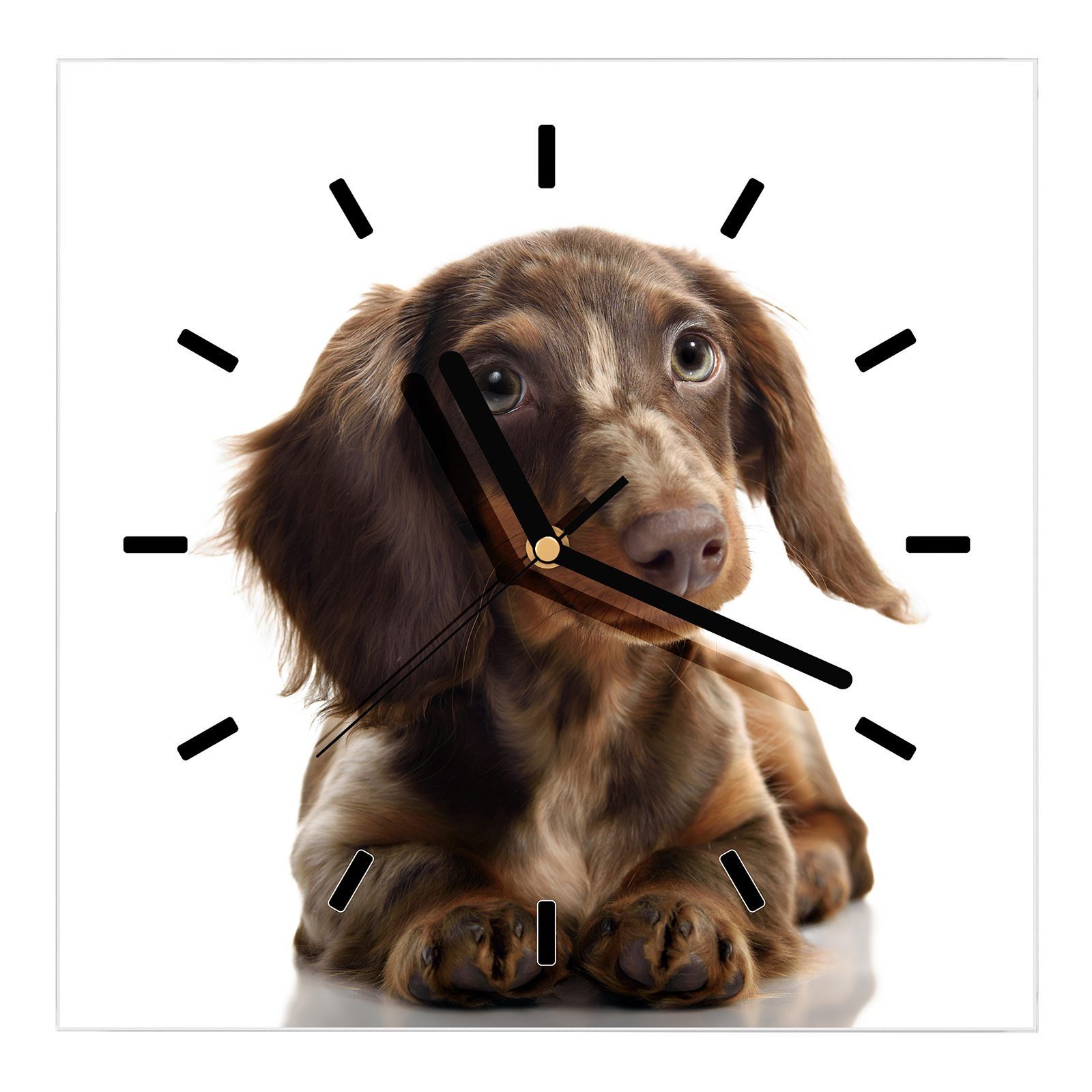 Primedeco Wanduhr Glasuhr Wanduhr Wandkunst Größe 30 x 30 cm mit Motiv Portrait brauner Hund