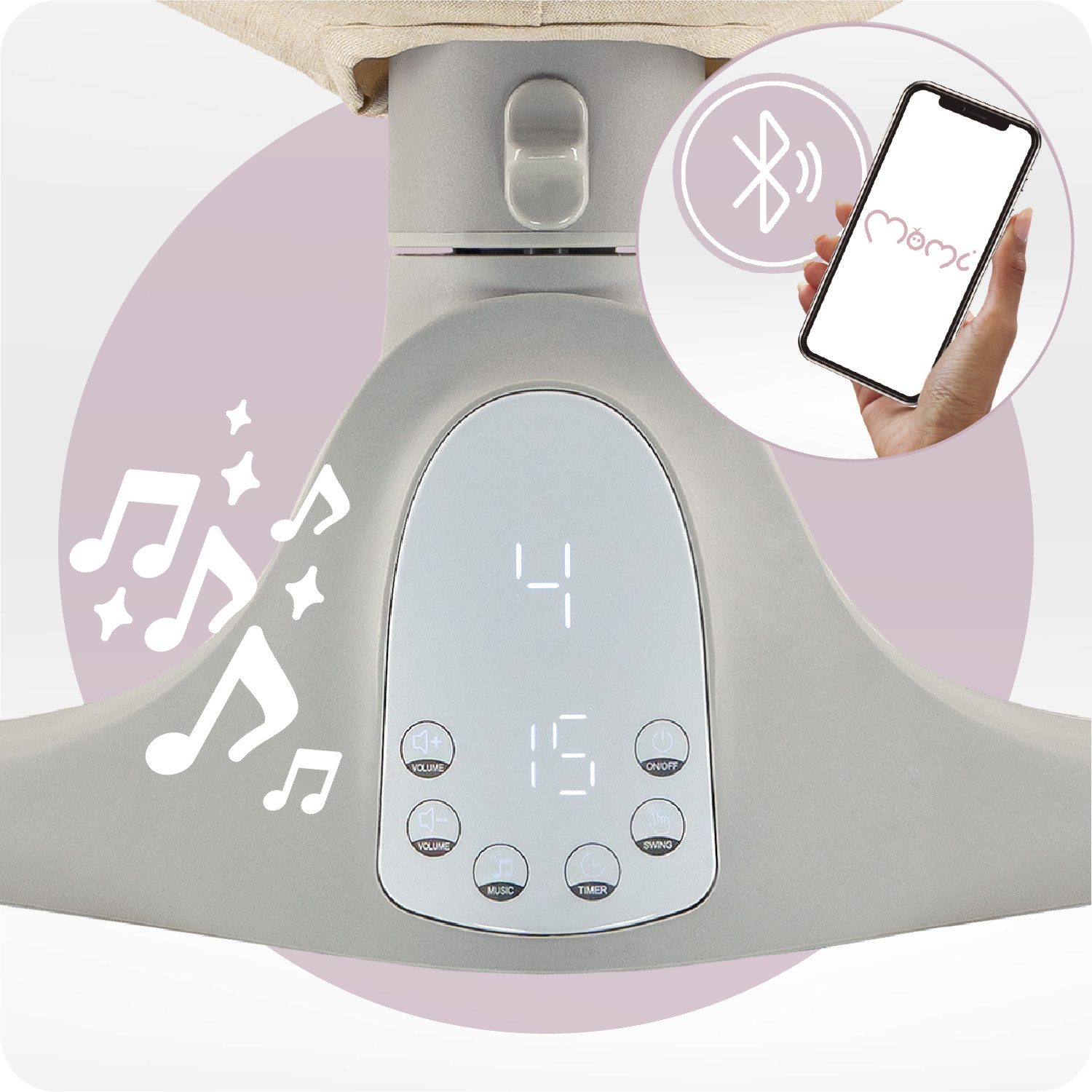 MoMi Babywippe Kenani, Elektrische Babywippe mit Bluetooth und Fernbedienung