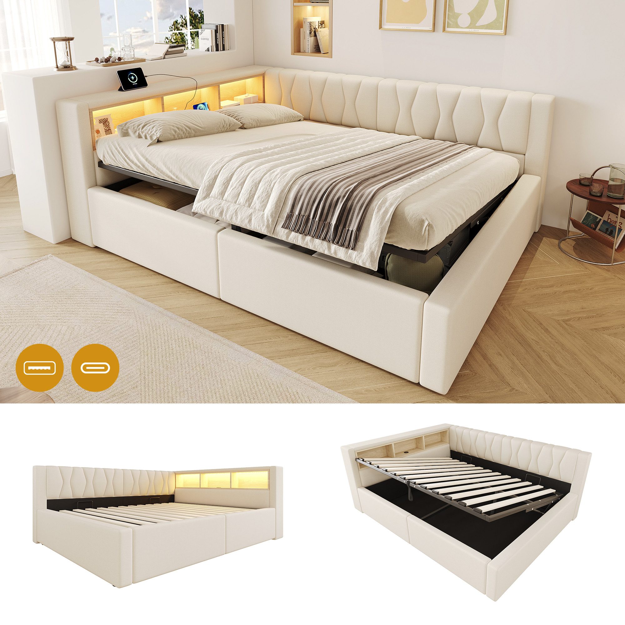 Flieks Daybett, Polsterbett Schlafsofa 140x200cm mit Hydraulik, LED-Leiste, Aufladen