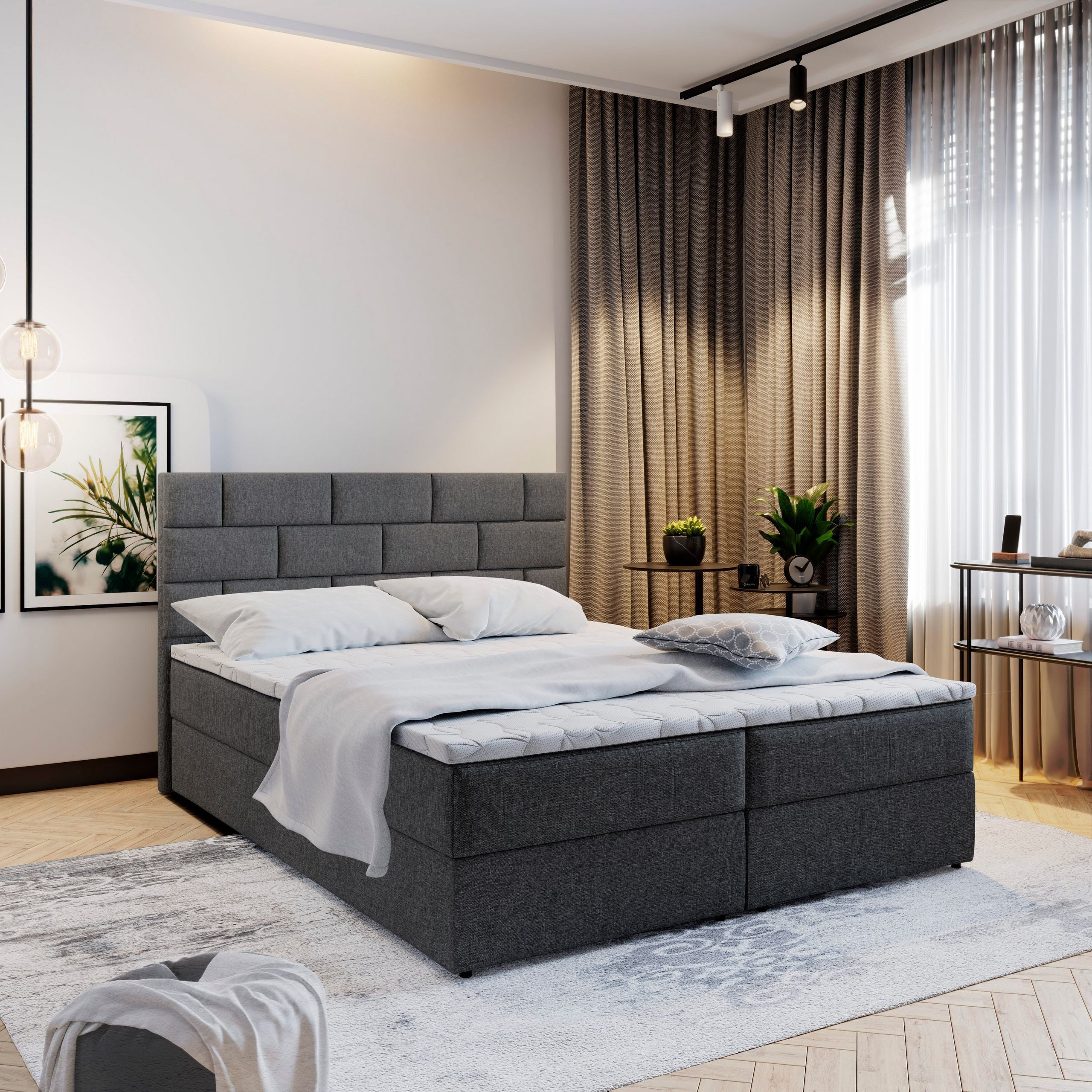 Masseno Boxbett KERLO 160x200 cm mit Bonell Matratze und Topper, Doppelbett, Polsterbett mit Kopfteil, Boxspringbett
