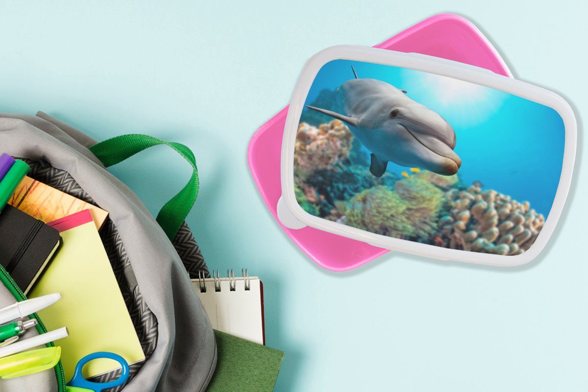 MuchoWow Lunchbox für Snackbox, Erwachsene, Koralle, (2-tlg), Brotbox Mädchen, Brotdose Meer Kunststoff, - Kinder, - Delfin Kunststoff rosa