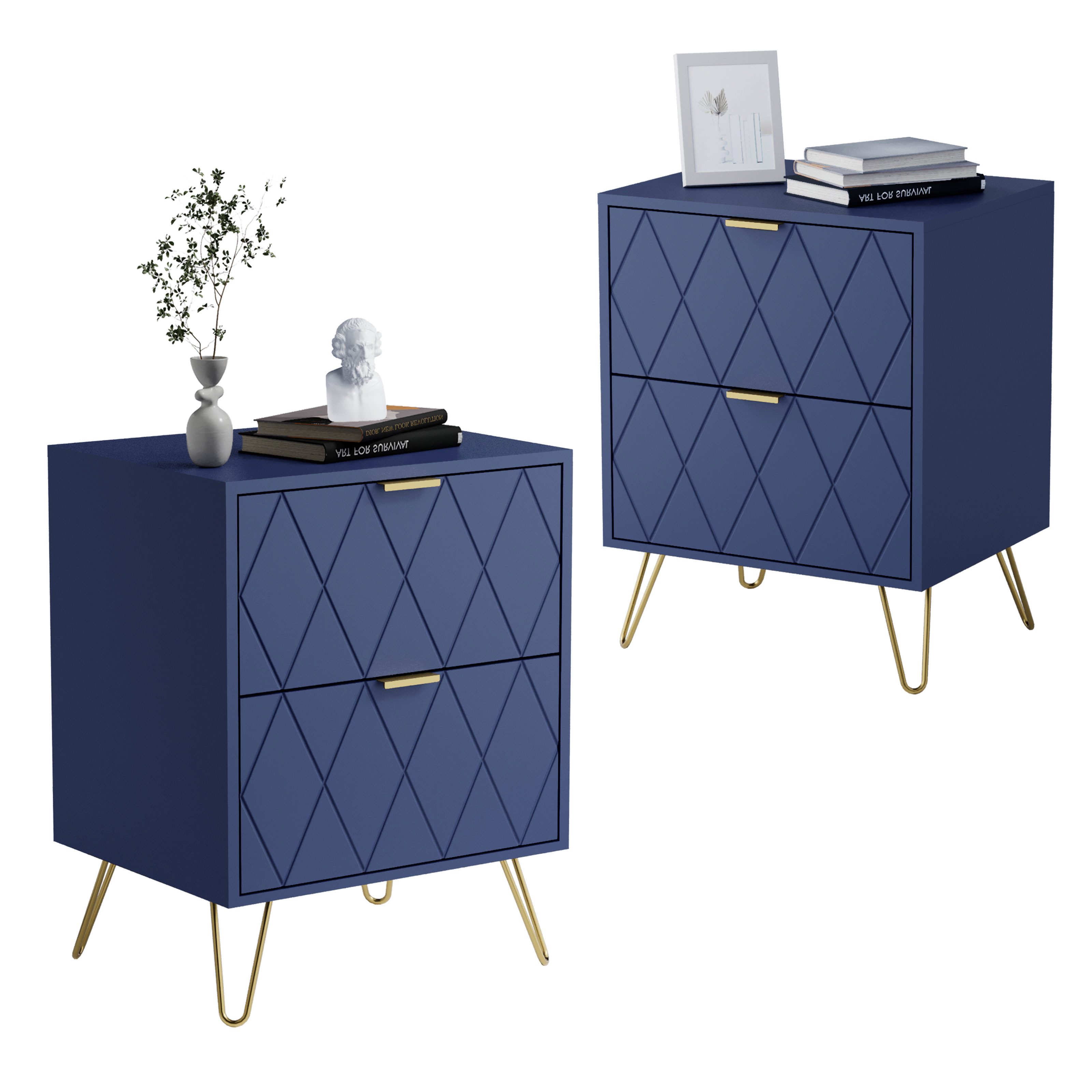 UEV Nachttisch 2er Set, Beistelltisch mit Beine, Nachtkommode mit Schubladen (Nachtschrank, Sofatisch für Wohnzimmer Schlafzimmer), 40 x 30 x 52 cm