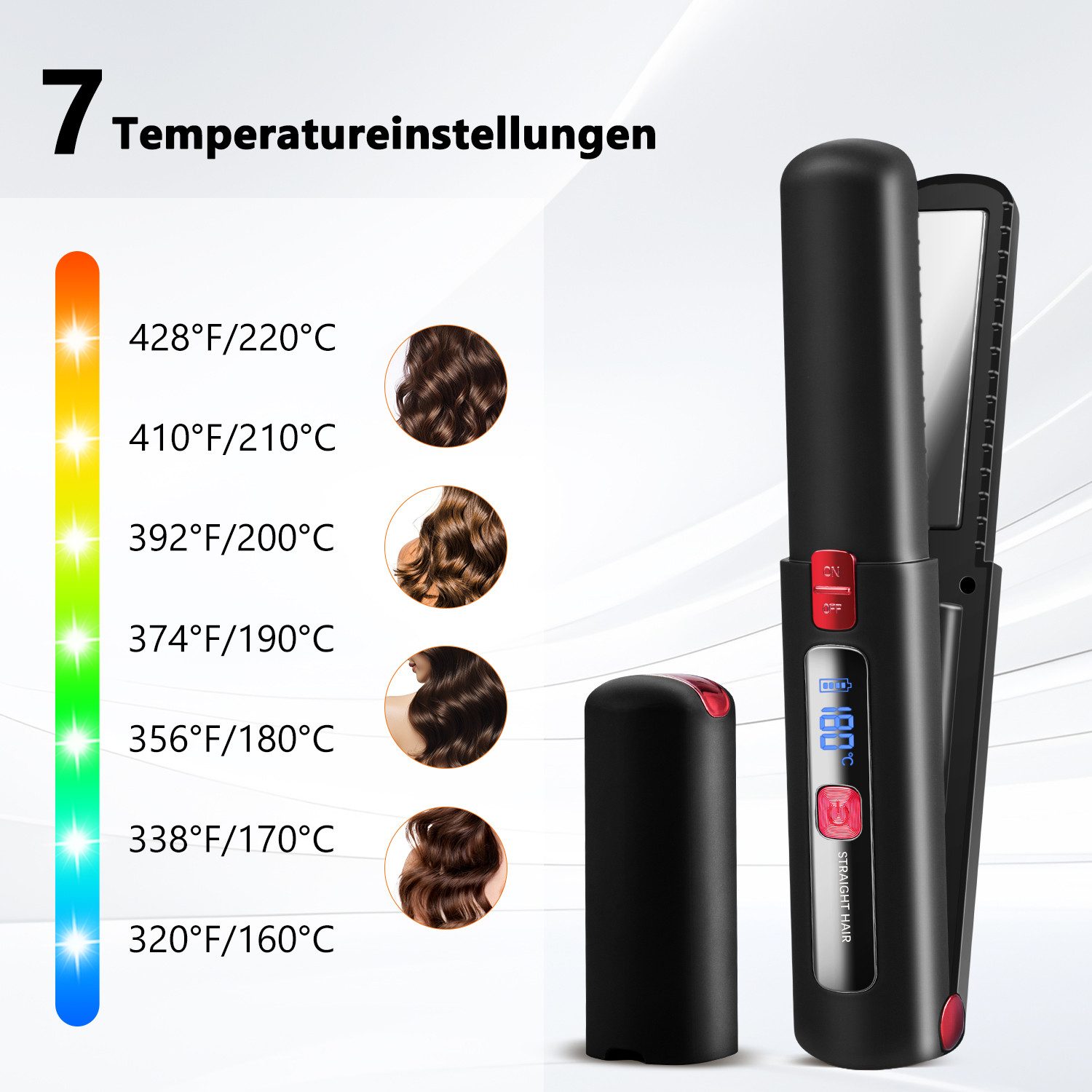 CkeyiN Mini-Reiseglätteisen kabelloser Haarglätter 2-in-1-Haarglätter Locken & Glätten 160℃-220℃ Keramik-Beschichtung, Nass- und Trockenanwendung, 7 Temperaturstufen, mit Hitzeschild Sicherheitsschalter LCD-Anzeige