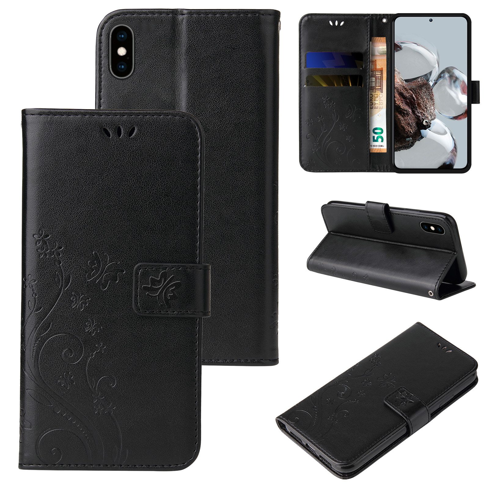 Tec-Expert Handyhülle Cover Tasche Hülle für Apple iPhone XS 5,8 Zoll, Klapphülle Case mit Kartenfach Fliphülle aufstellbar, Motiv Blumen