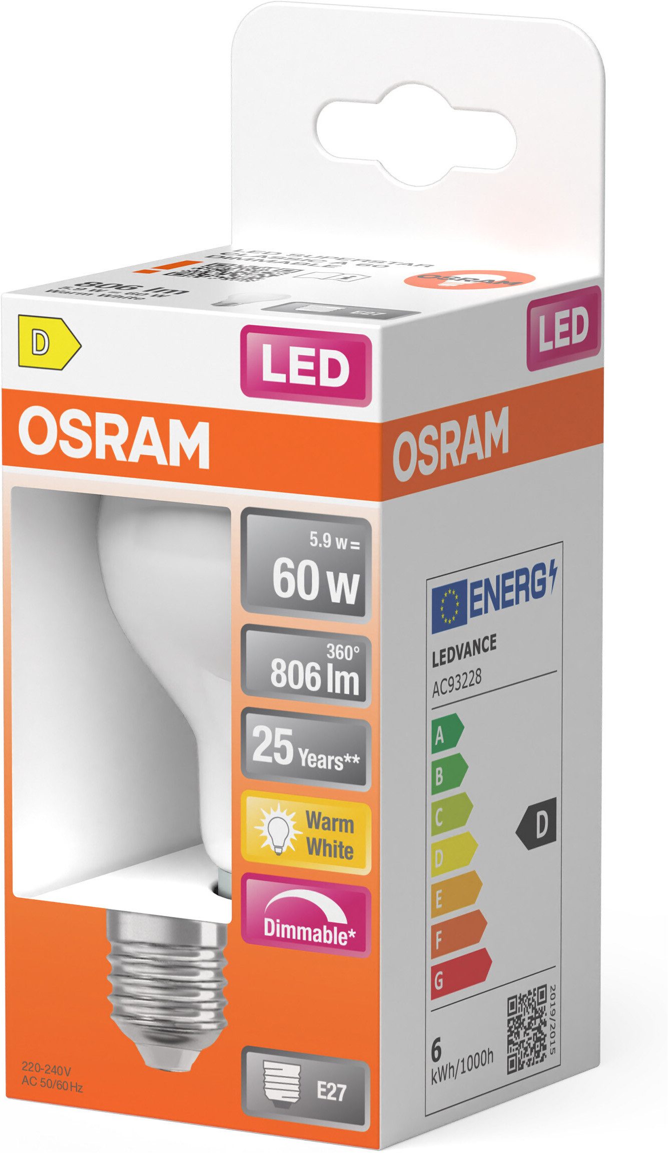 Osram LED-Leuchtmittel LED-Lampe Superstar Kolbenform A60, E27, 1 St., Warmweiß