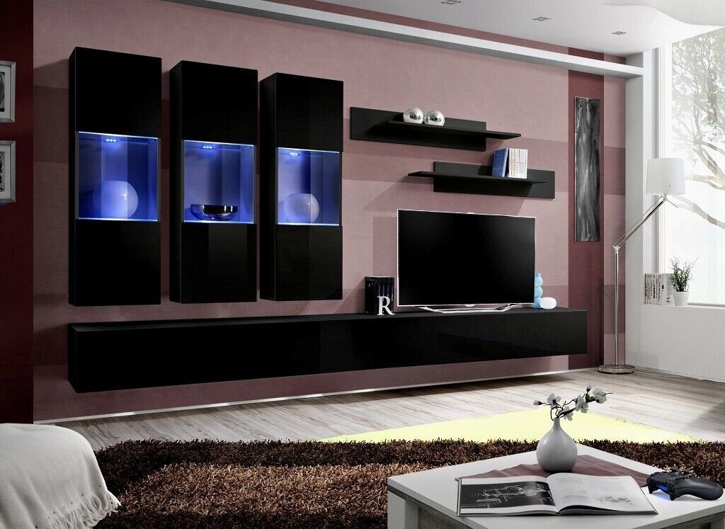 JVmoebel Wohnzimmer-Set Set 8 tlg Wohnwand Holzmöbel 2x TV Ständer Moderne Wand Regale Schwarz, (8-St., 1x Wohnwand + 2x TV Ständer + 3x Hänge Vitrine + 2x Wandregale), Made in Europa