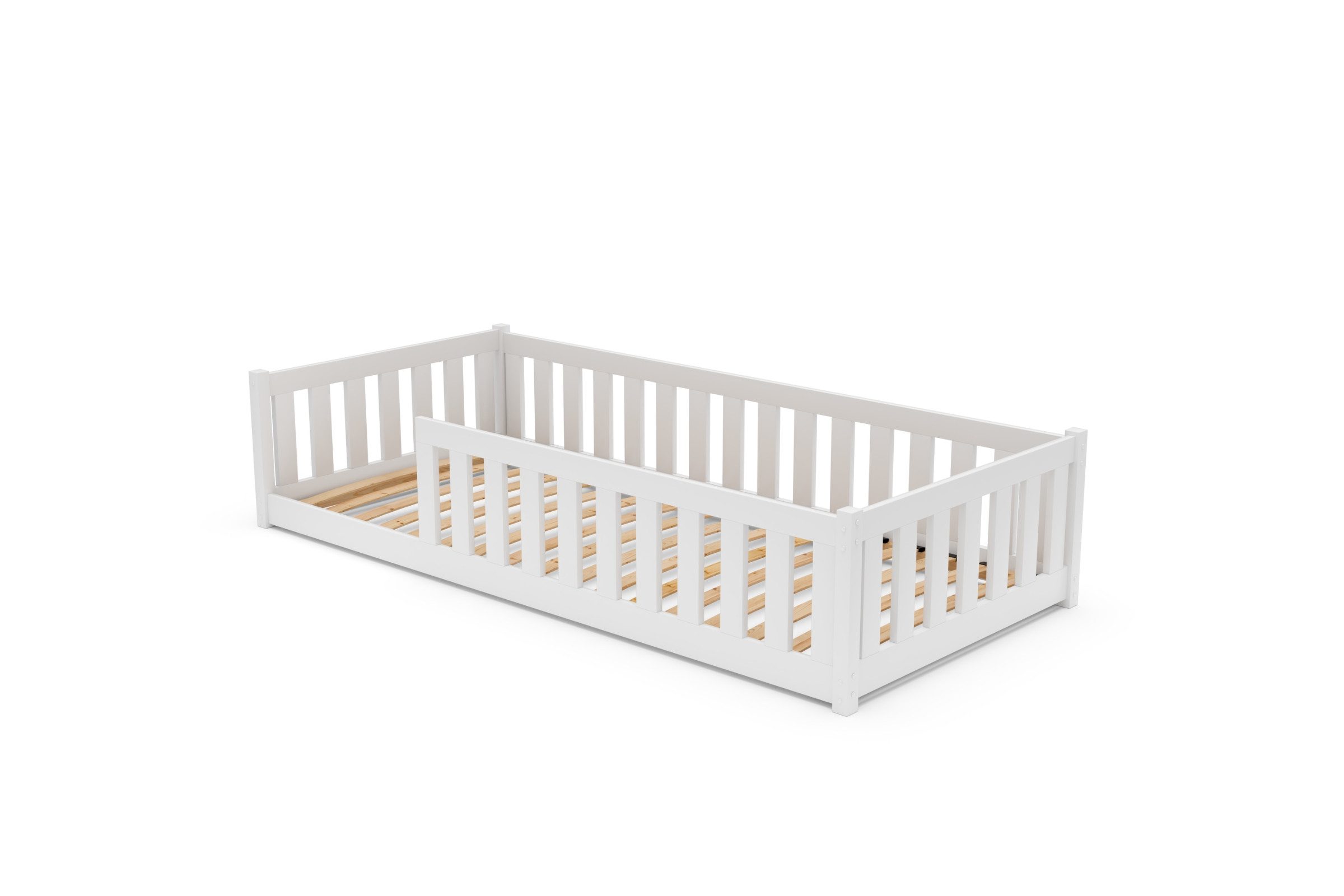 Deine Möbel 24 Kinderbett BELMO Bodenbett Montessori Bett Kinder (Set, 3-tlg., inkl. Lattenrost Rausfallschutz), aus Massivholz Kiefernholz 80x180 90x200 Weiß Natur Kiefer
