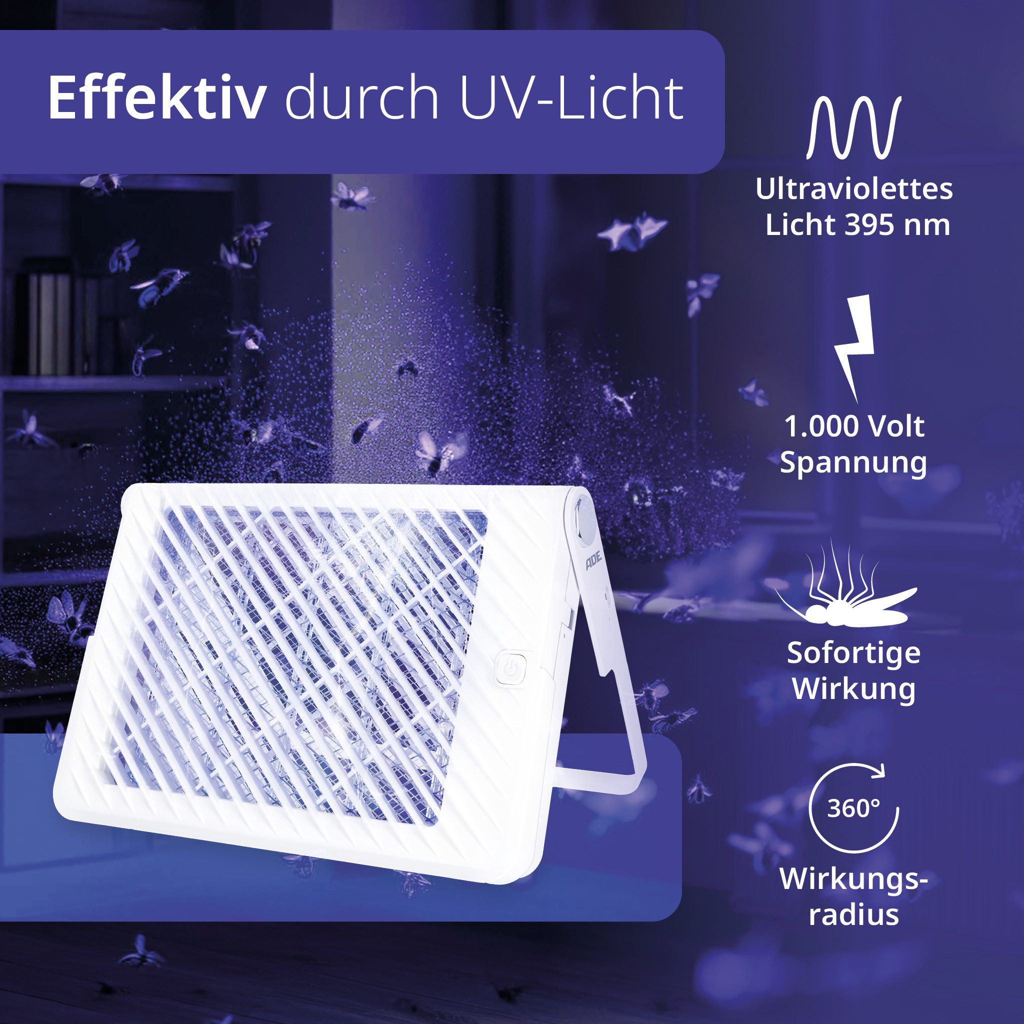 ADE Insektenvernichter akkubetrieben (24 Std. Laufzeit), mit UV-Licht, 3.000 Volt, gegen Schnaken, Gelsen, Moskitos, Stechmücken