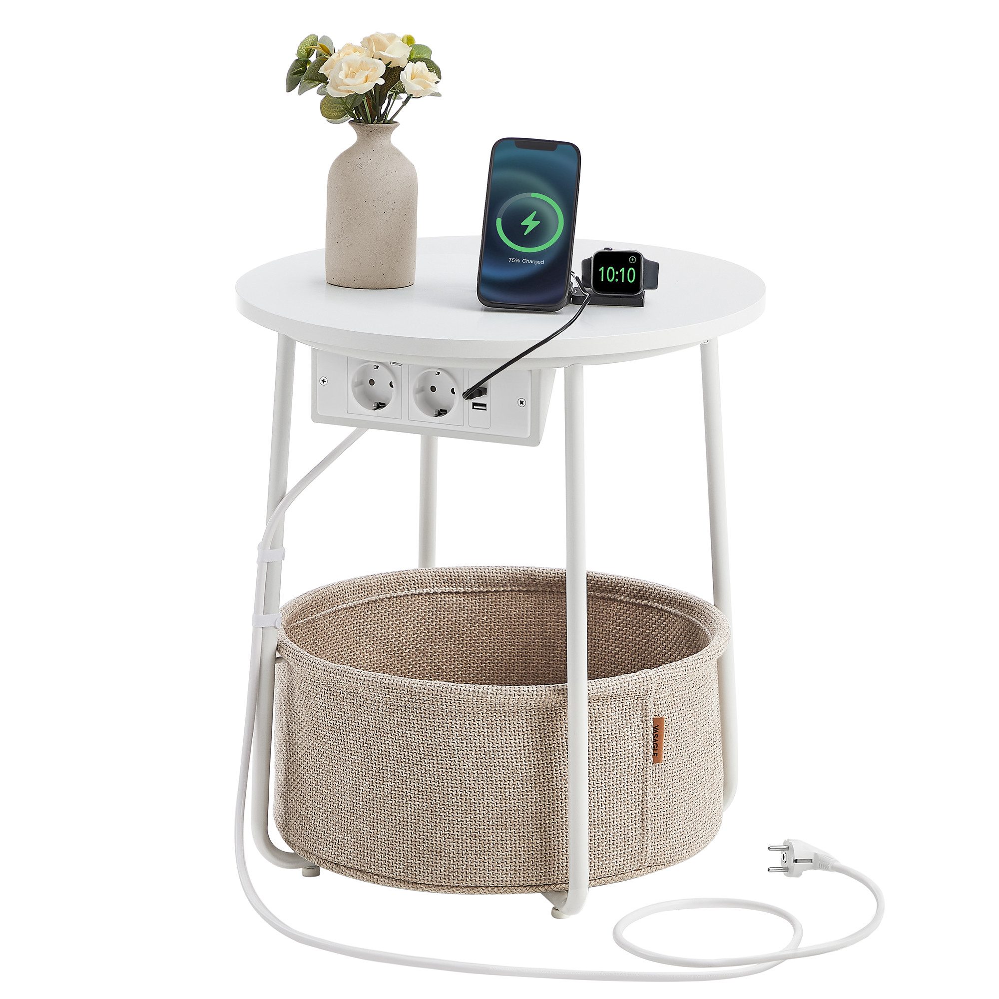 VASAGLE Beistelltisch, rund, mit Steckdose, USB-Anschlüsse, mit Korb aus St günstig online kaufen