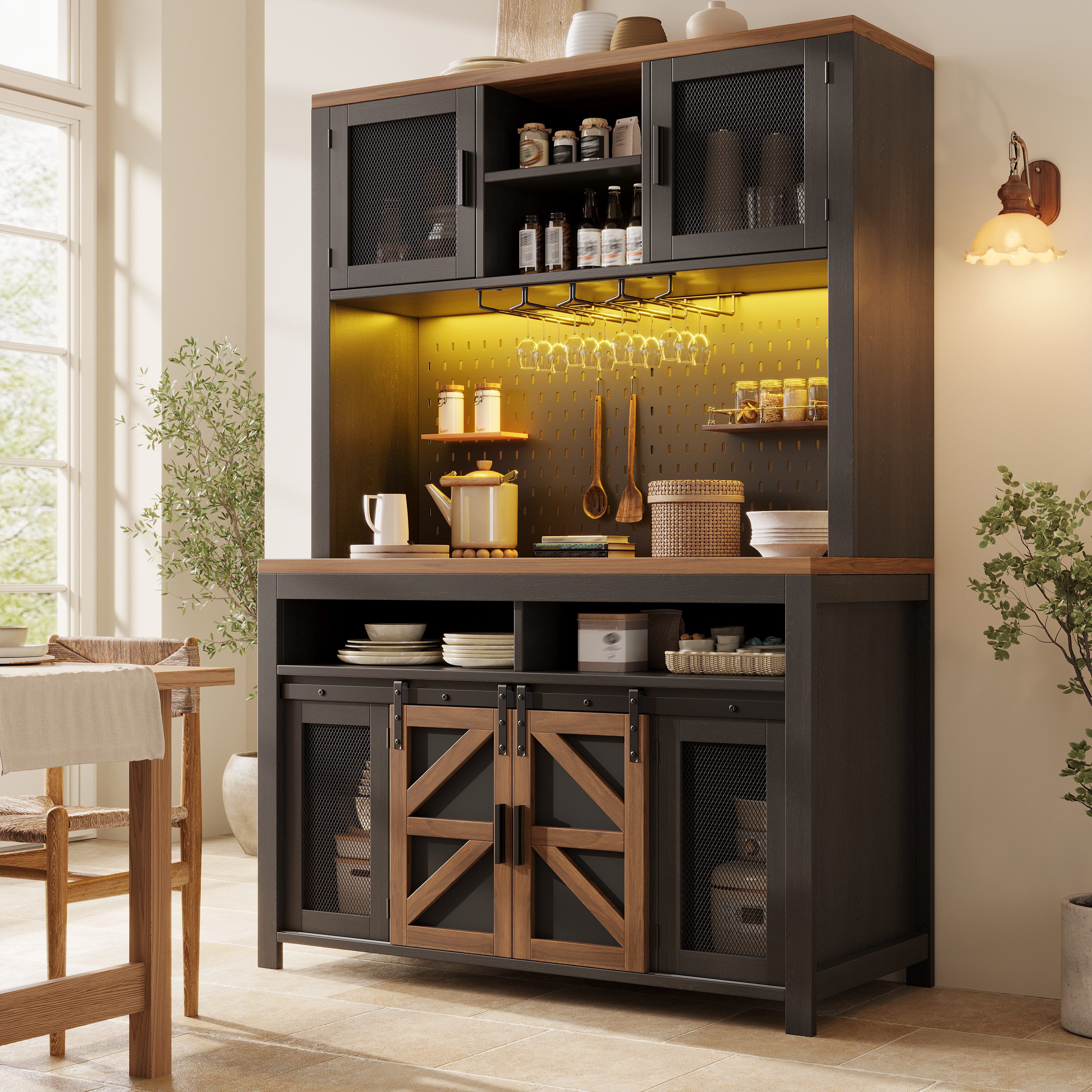 TavilaEcon Küchenbuffet Küchenschränke, Hochschrank mit USB-Anschluss & LED-Beleuchtung (1-St) mit großzügiger Arbeitsfläche für Küche, Esszimmer