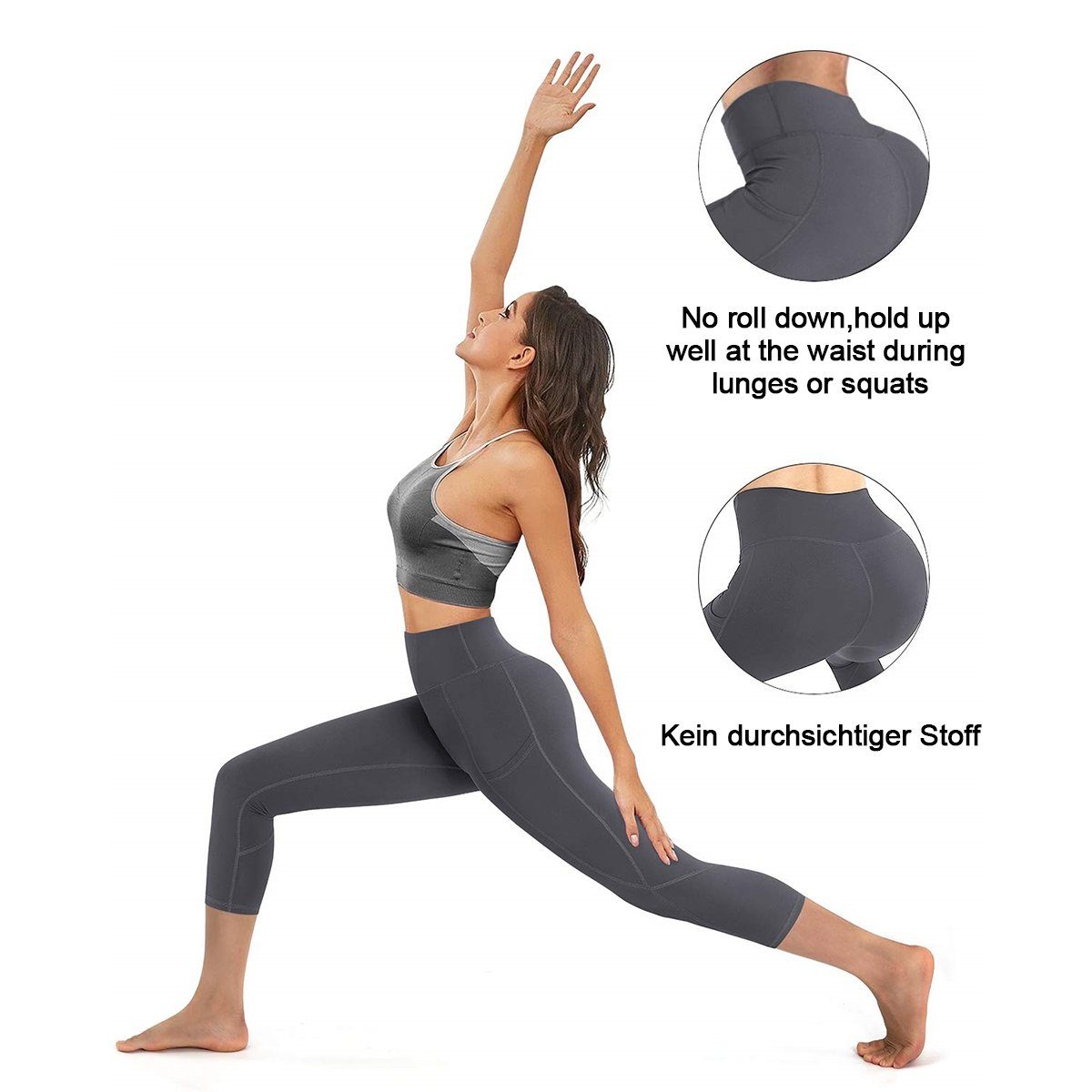 Damen-Yogahose Yogahose G4Free Fitness-Laufleggings Taille mit hoher Taschen, Grau