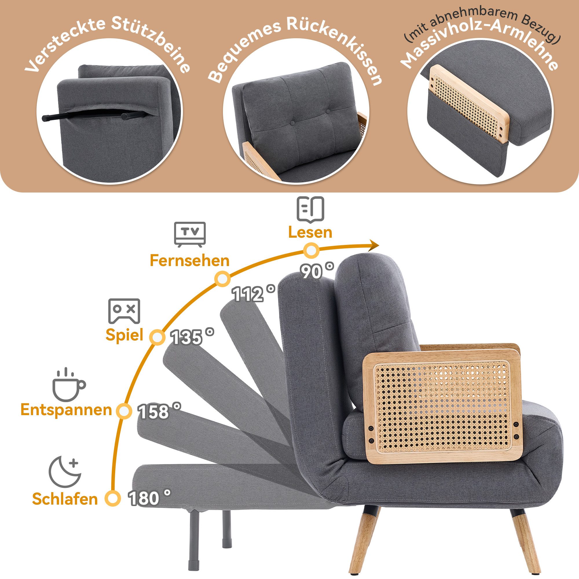Merax Relaxliege 3-in-1 Schlafsessel mit Schlaffunktion, ausklappbarer Relaxsessel, Schlafsofa Klappsofa 67,5 × 73 × 86,5 cm 1 Teile, 5-fach verstellbarer Loung – Bild 5 von 5