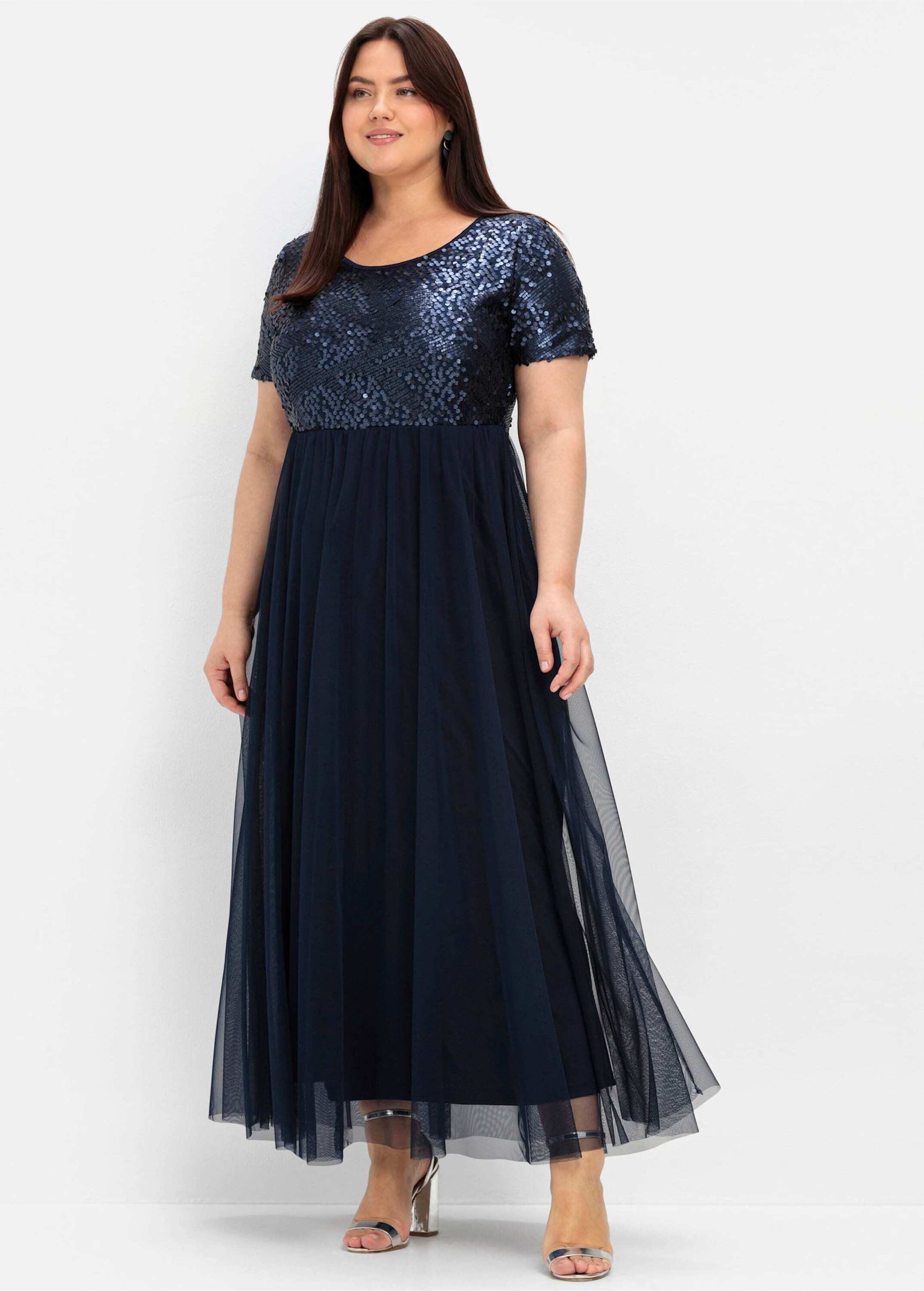 Sheego Etuikleid Abendkleid Kurzarm in A-Linie mit Pailletten