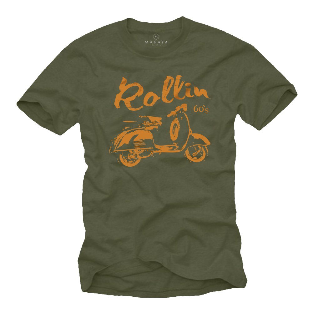 MAKAYA Print-Shirt Vintage Roller T-Shirt Herren - 60er Jahre Motiv Retro Geschenke Grün